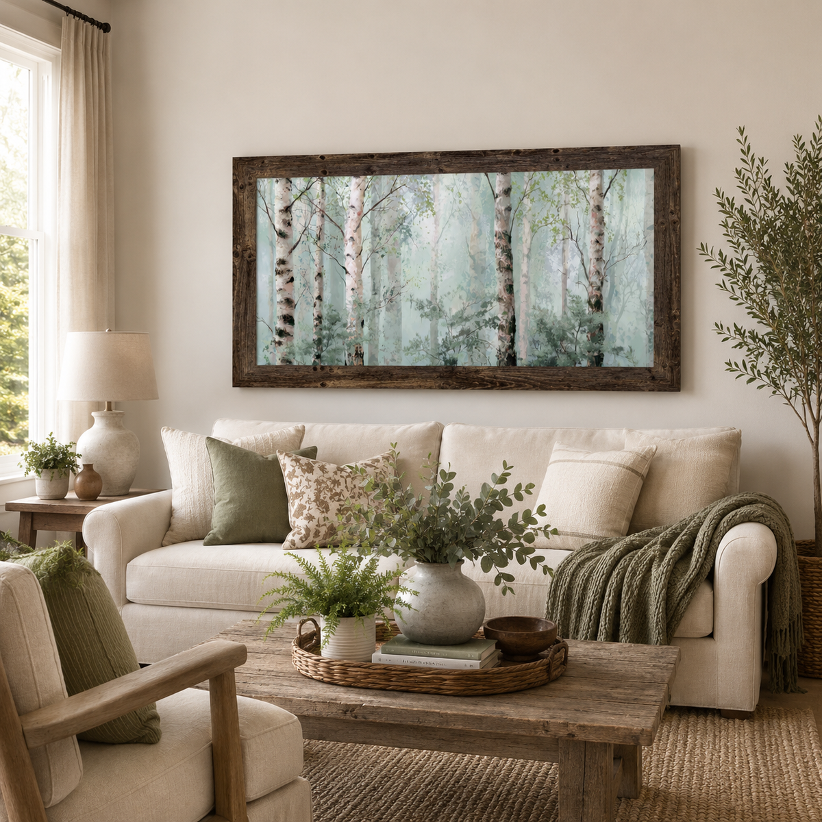 Farmhouse living room with Birch Forest Mist wide landscape wall art in a Natural brown frame above a cream sofa — soft watercolor birch trees in sage green and ivory mist — SB737