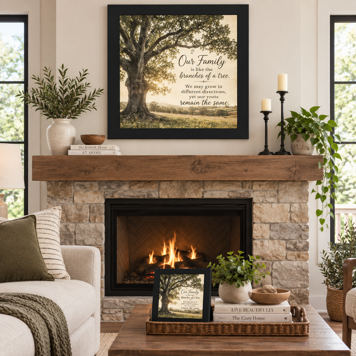 Black framed family quote wall art displayed above a stone fireplace mantle with candlesticks and greenery, alongside a matching smaller piece in a woven tray on a coffee table styled with books and a potted plant