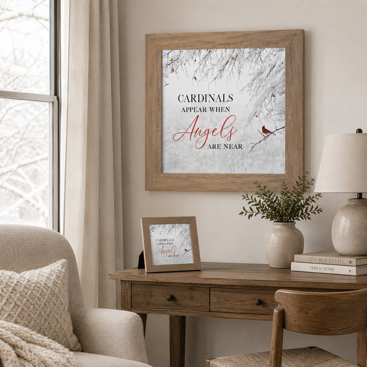 Soft neutral living room with Cardinals Appear When Angels Are Near wall art SS856 in a farmtable frame — 20x20 hanging on the wall and 8x8 with easel back standing on the wooden desk beside a lamp and greenery