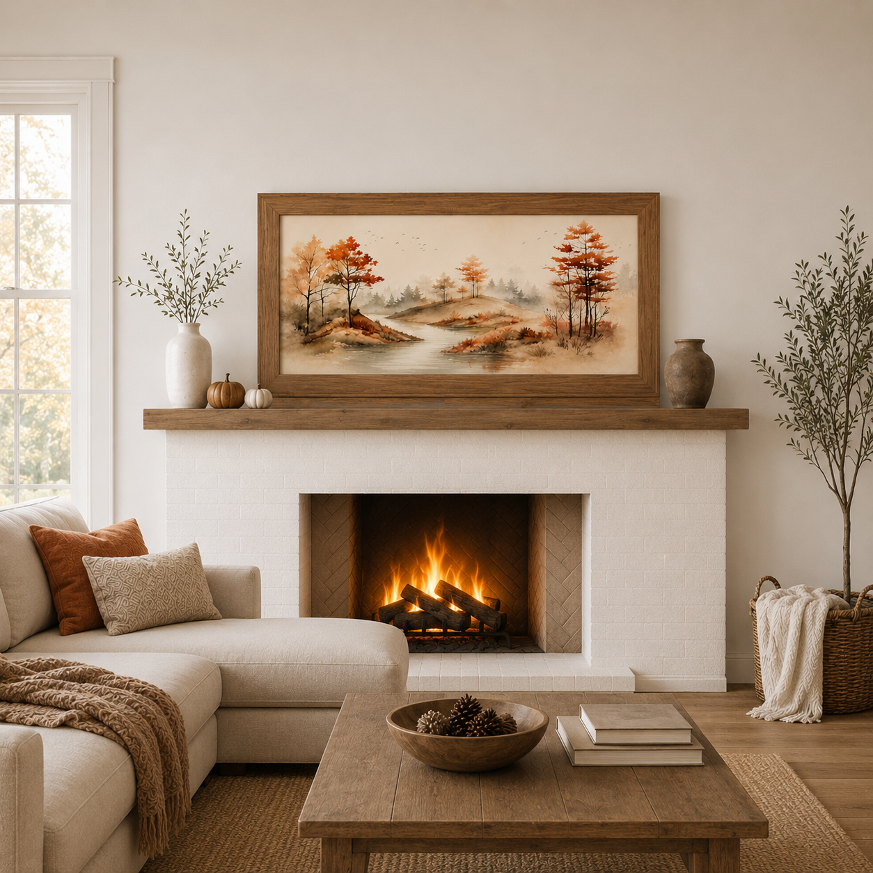 Minimalist farmhouse living room with Autumn River wide landscape wall art SB764 in a Farmtable frame above a white brick fireplace mantle with a crackling fire