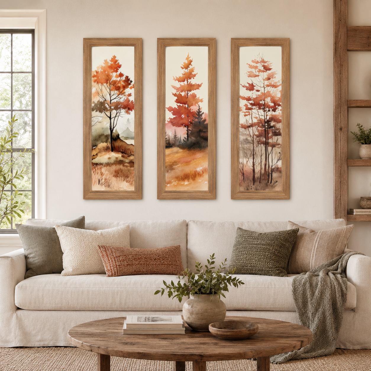 Farmtable framed narrow portrait autumn watercolor triptych wall art set featuring three fall trees displayed as an evenly spaced gallery wall above a cream linen sofa in a warm modern farmhouse living room with rust and olive pillows jute rug and wood ladder shelf (Listing is for Left Panel)