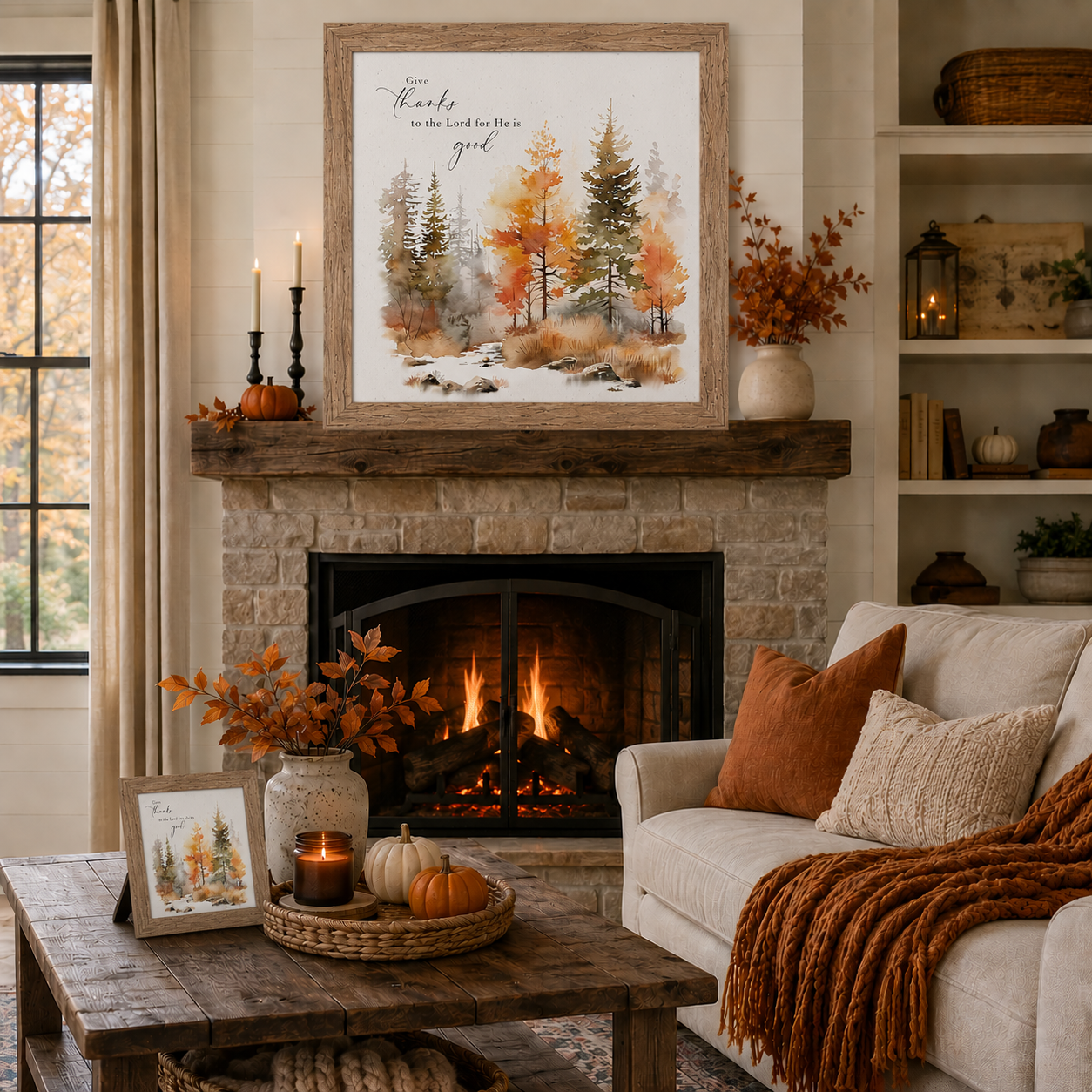 Farmtable framed Give Thanks to the Lord Psalm 136:1 square fall wall art SN170 displayed large above stone fireplace with roaring fire in cozy farmhouse living room — rust orange throw pillow and chunky knit blanket on sofa pumpkins and candles on coffee table fall branches in crock vase on mantel — watercolor autumn pine and deciduous forest in amber orange gold and sage green