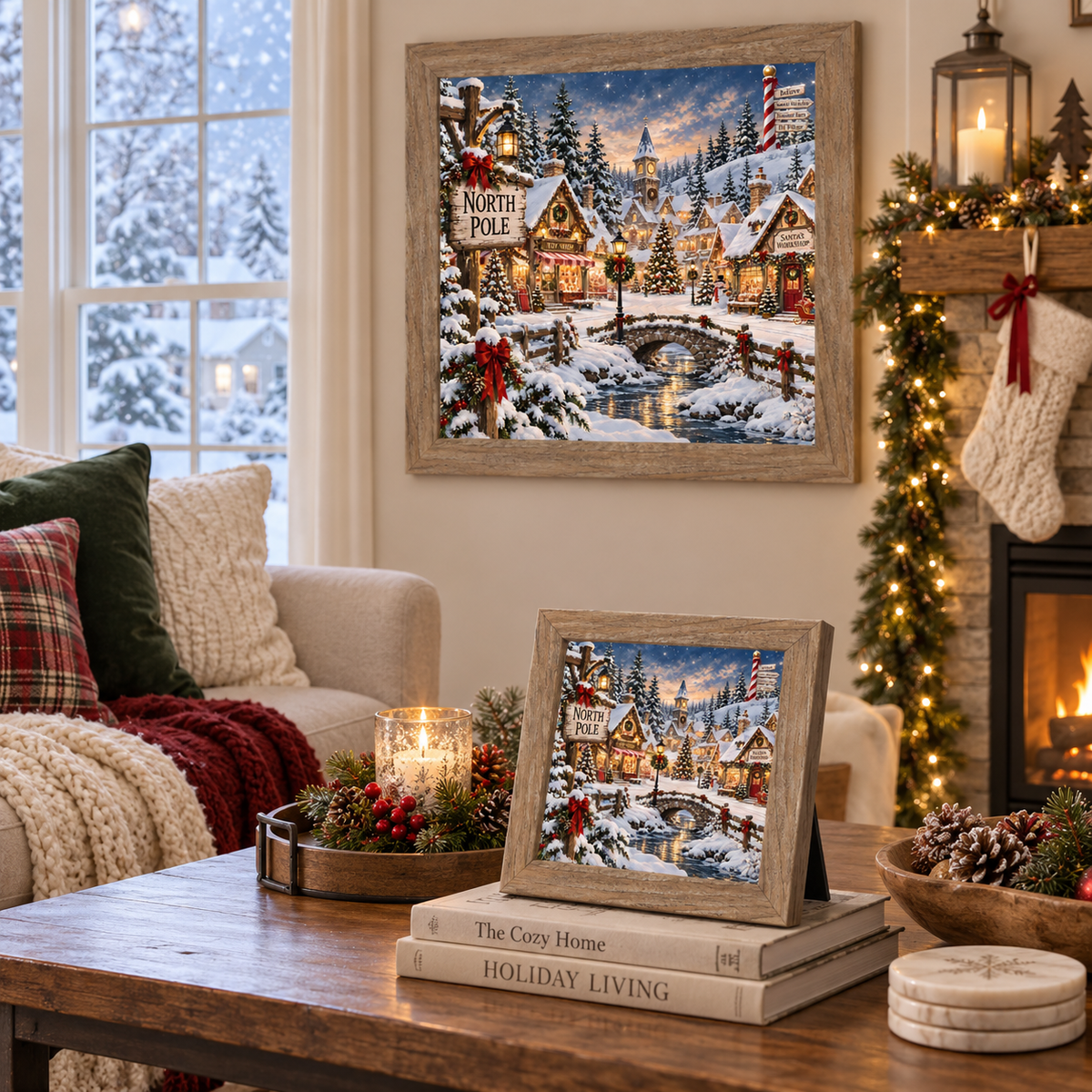 Farmtable framed North Pole village Christmas wall art displayed above a coffee table styled with plaid and velvet pillows, a garland-draped mantle with lit stockings, and a matching smaller piece resting on stacked holiday books