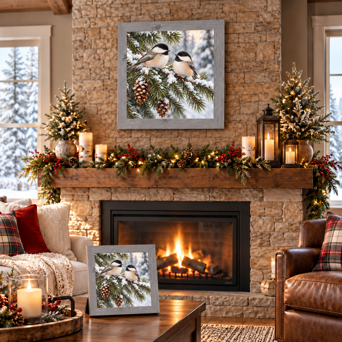Gray framed chickadee wall art displayed above a stone fireplace mantle with Christmas garland, lanterns and candles, alongside a matching smaller piece on a wooden coffee table beside a leather chair with plaid pillows