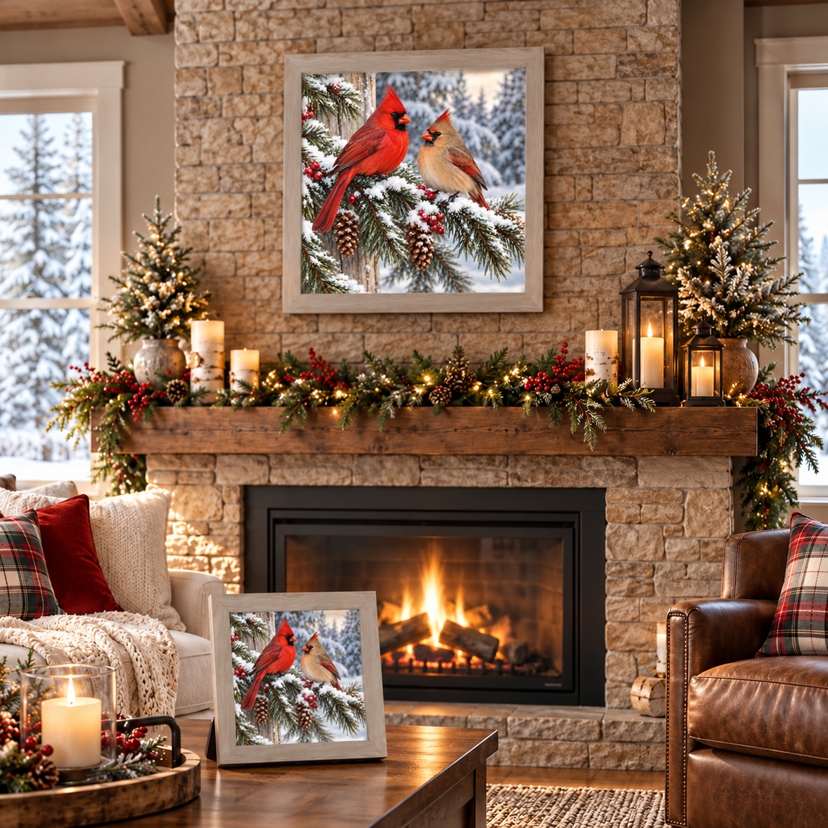 Monte Carlo framed cardinal wall art displayed above a stone fireplace mantle with Christmas garland, lanterns and candles, alongside a matching smaller piece on a wooden coffee table beside a leather chair with plaid pillows