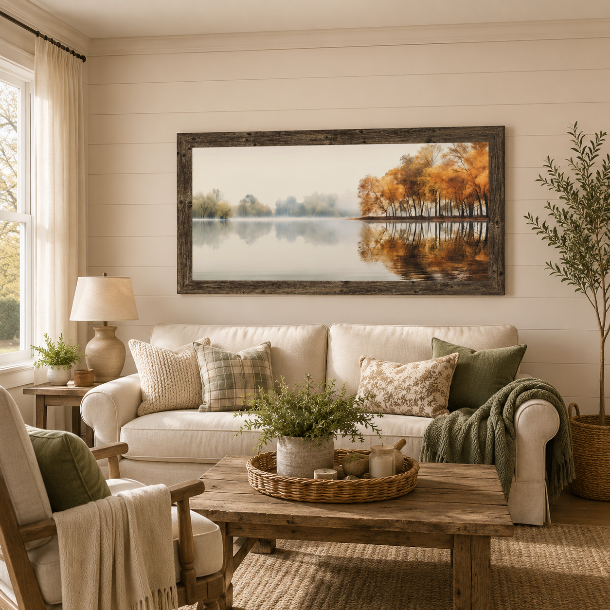 Farmhouse living room with Autumn's Mirror wide landscape fall wall art in a natural brown frame above a cream sofa — misty autumn lake reflection with amber trees — NS620