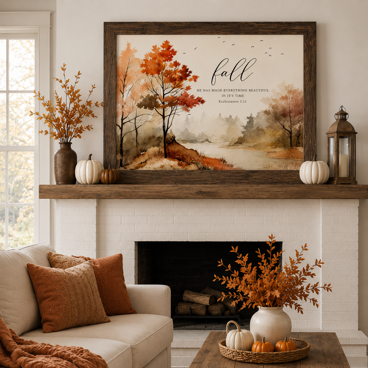 Farmhouse living room with Fall Ecclesiastes 3:11 wall art SB249 in a Natural Brown frame above a white brick fireplace mantle decorated with pumpkins and autumn branches