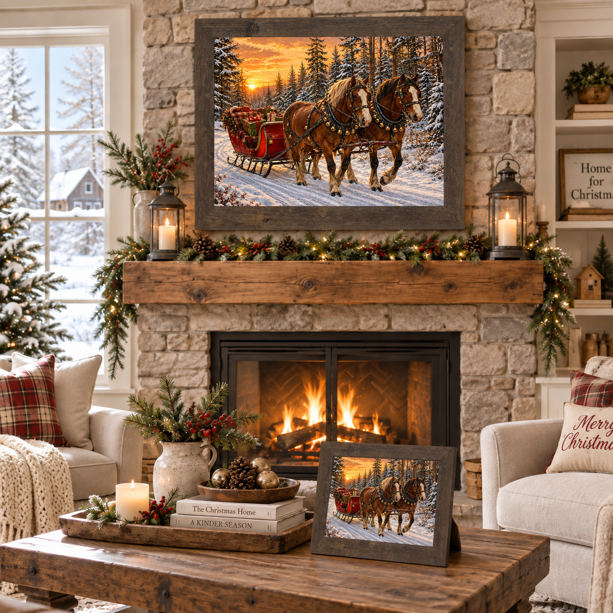 Natural brown framed heritage Christmas sleigh wall art displayed above a stone fireplace mantle with garland, lanterns, and candles, alongside a matching smaller piece on a wooden coffee table styled with pinecones, ornaments, and Christmas books