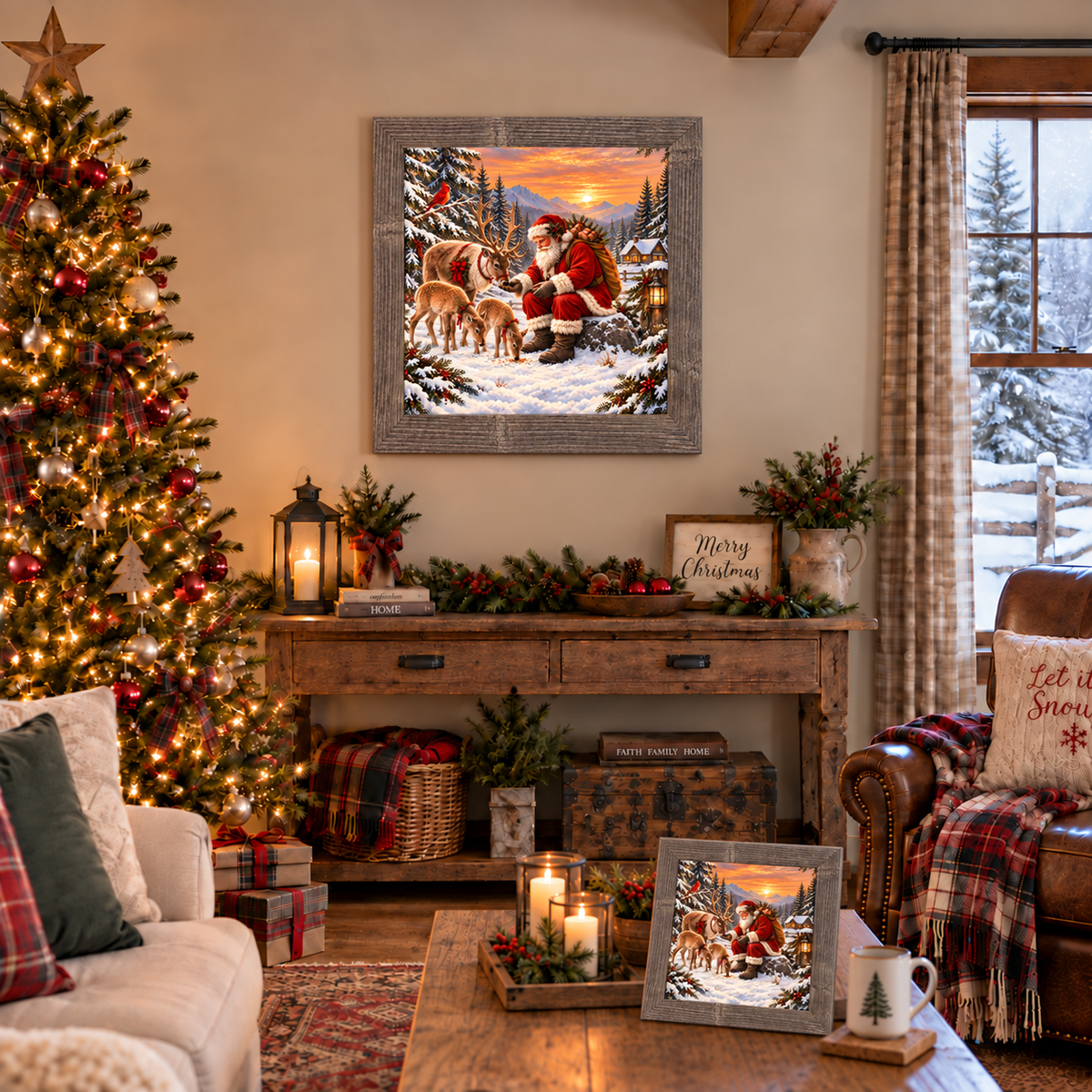 Santa feeding his reindeer wall art in a natural brown frame above a console table beside a decorated Christmas tree