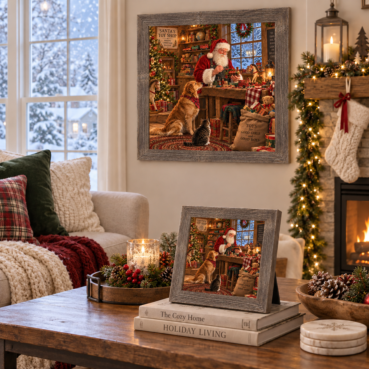 Natural brown framed Santa's toy shop Christmas wall art displayed above a coffee table styled with plaid and velvet pillows, a garland-draped mantle with lit stockings, and a matching smaller piece resting on stacked holiday books