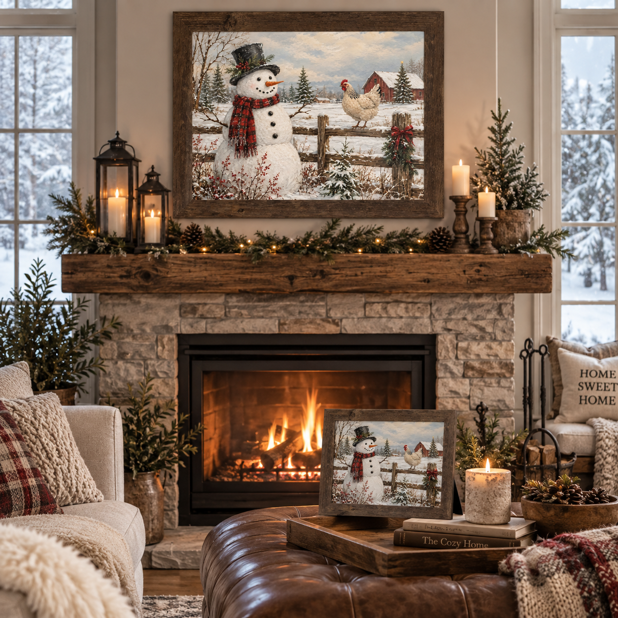 Natural brown framed rural winter farmhouse wall art of a snowman and chicken displayed above a stone fireplace mantle with lanterns, candles, greenery, and a lit fire, alongside a matching smaller piece on a leather ottoman styled with books and pinecones