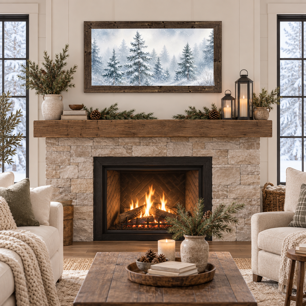 Natural Brown wood framed wide panoramic snowy pine forest wall art displayed above a stone fireplace mantle with a lit fire, pine branches in vases, lanterns, pinecones, and a cozy living room with cream sofas and a knit throw
