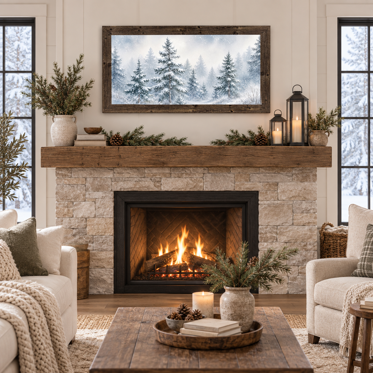 Natural Brown wood framed wide panoramic snowy pine forest wall art displayed above a stone fireplace mantle with a lit fire, pine branches in vases, lanterns, pinecones, and a cozy living room with cream sofas and a knit throw