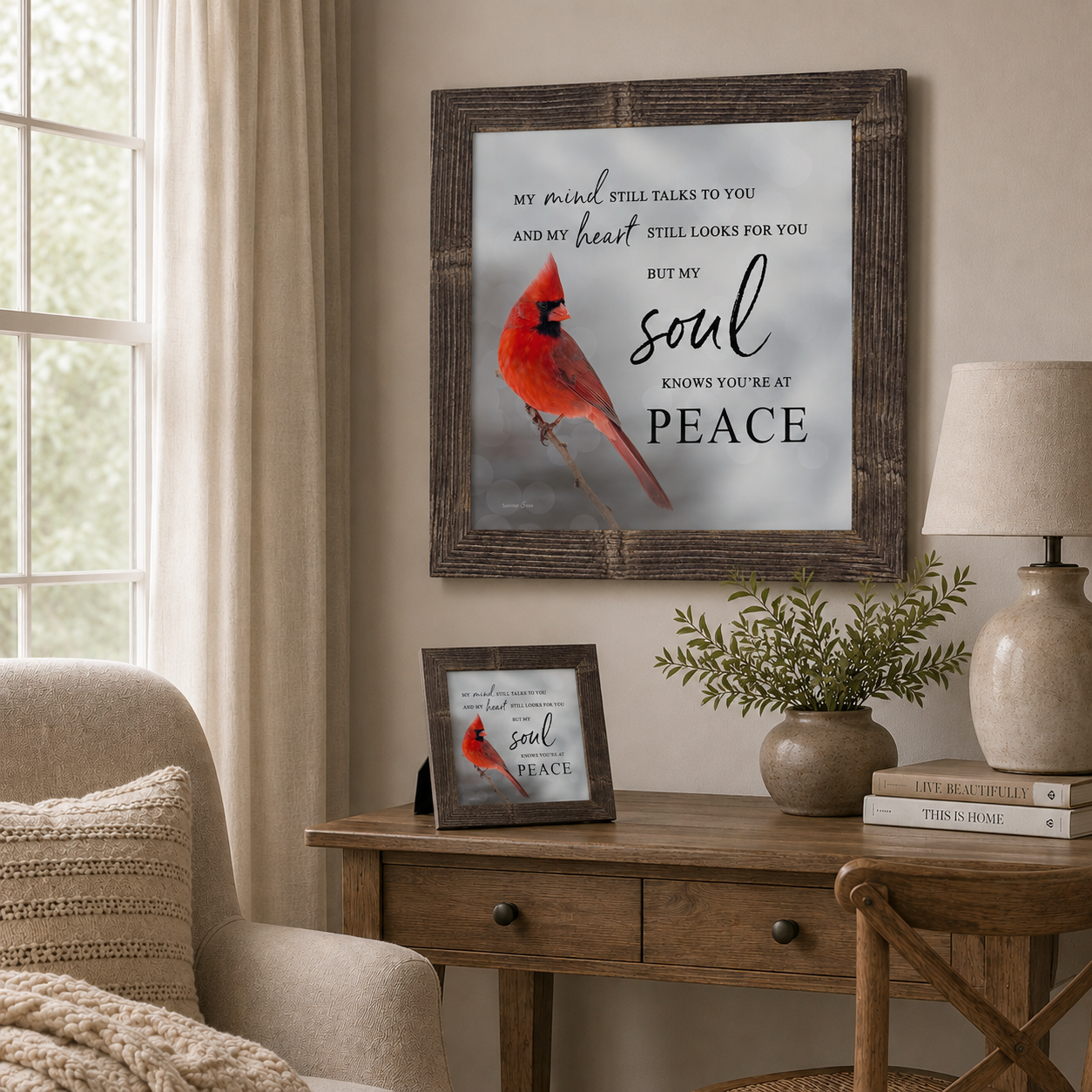 Soft neutral living room with My Mind Still Talks to You Soul Knows You're at Peace wall art SA24 in natural brown frame — 20x20 hanging on wall and 8x8 easel back standing on wooden desk beside greenery lamp and Live Beautifully books
