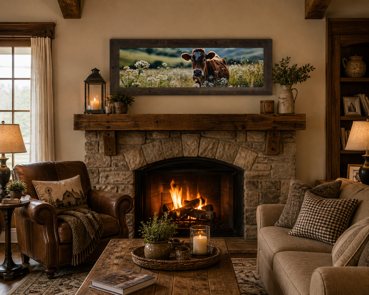 Natural Brown framed wide panoramic farmhouse wall art featuring a Jersey cow in a wildflower meadow displayed above a stone fireplace mantle in a cozy farmhouse living room with leather chairs and roaring fire