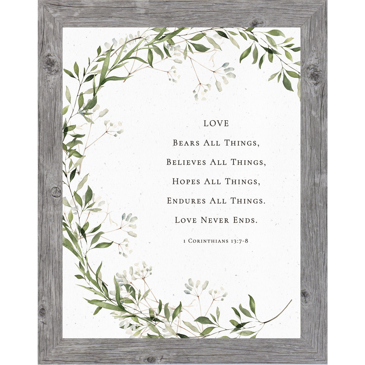 Floral scripture wall art featuring 1 Corinthians 13:7–8 about enduring love.