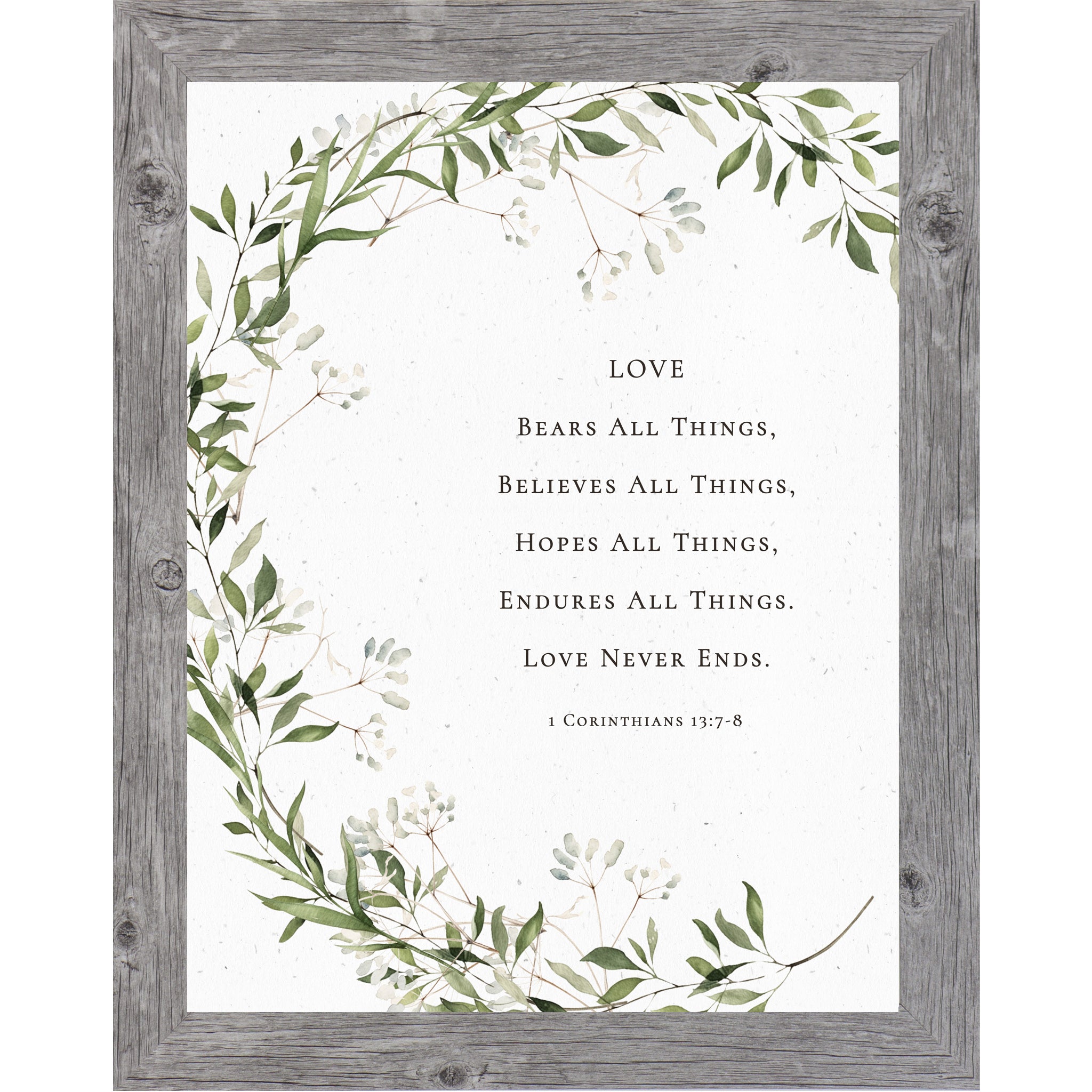 Floral scripture wall art featuring 1 Corinthians 13:7–8 about enduring love.