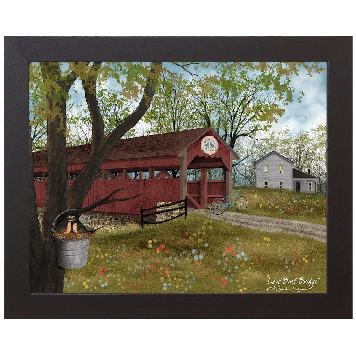 	Framed country bridge scene with cardinals inspired by Billy Jacobs with hand-glittered accents