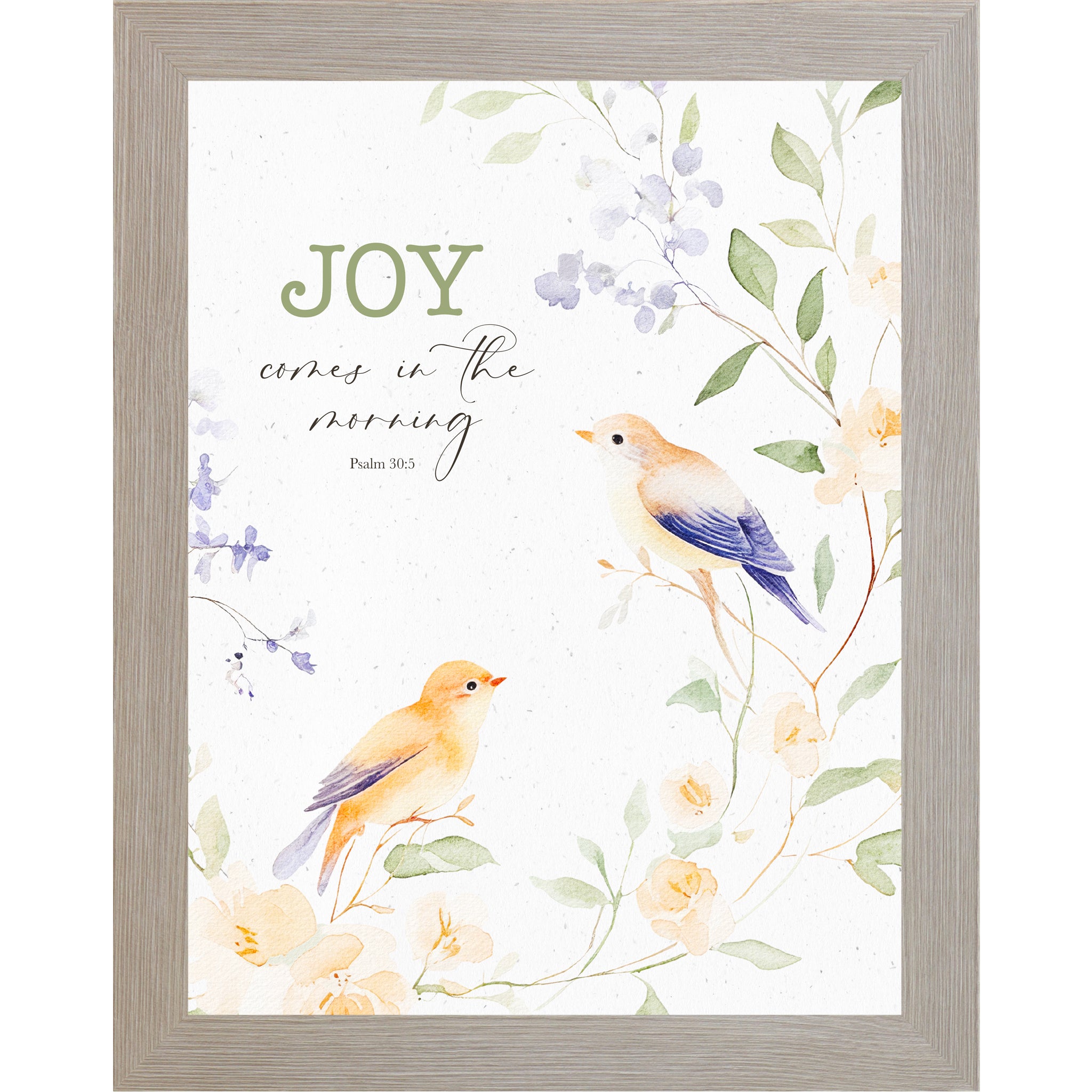 Monte Carlo Frame color Framed watercolor wall art featuring two small birds perched among floral branches with the scripture “Joy Comes in the Morning – Psalm 30:5” on a neutral textured background.