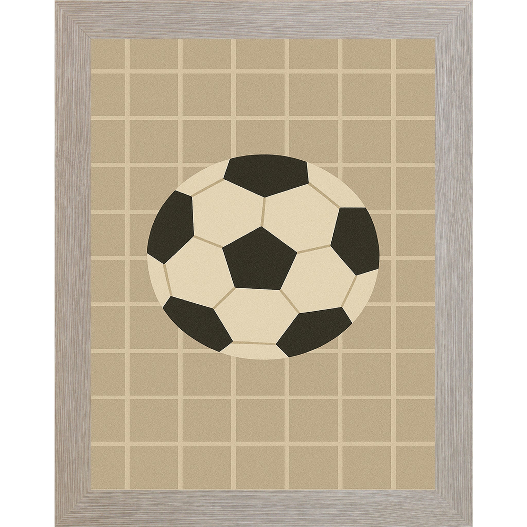 Monte Carlo Frame Color Soccer ball wall art featuring a black and white soccer ball centered on a tan grid background.