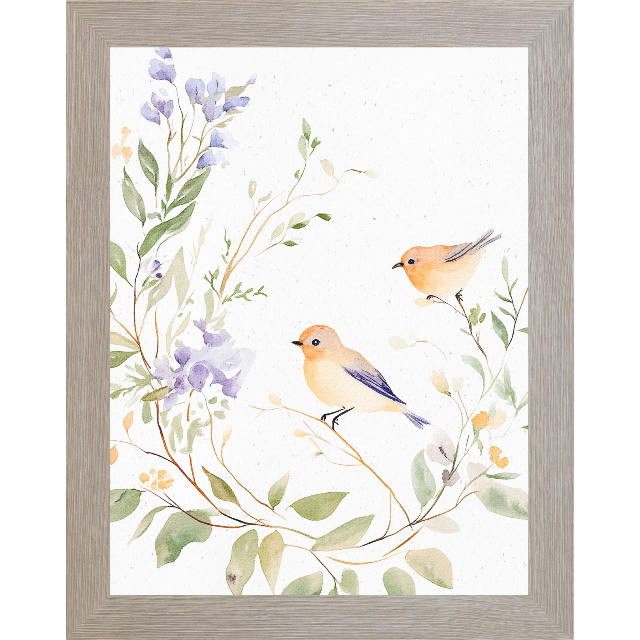 Monte Carlo color Framed watercolor wall art featuring two small birds perched on a floral branch with green leaves and soft lavender flowers on a neutral white background.