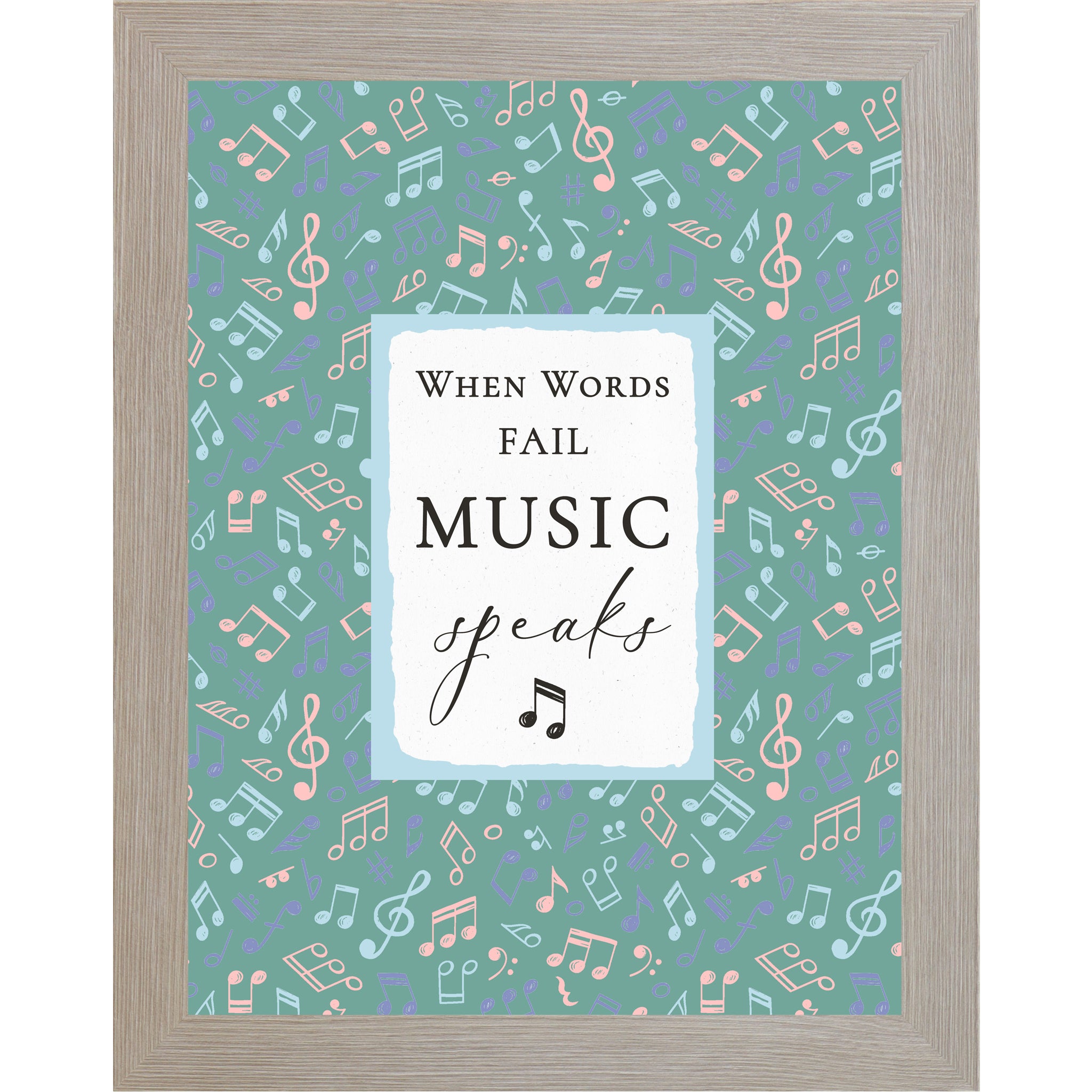 Monte Carlo Frame Color When Words Fail Music Speaks framed wall art featuring colorful musical notes on a teal background, inspirational music quote decor for music rooms and classrooms.