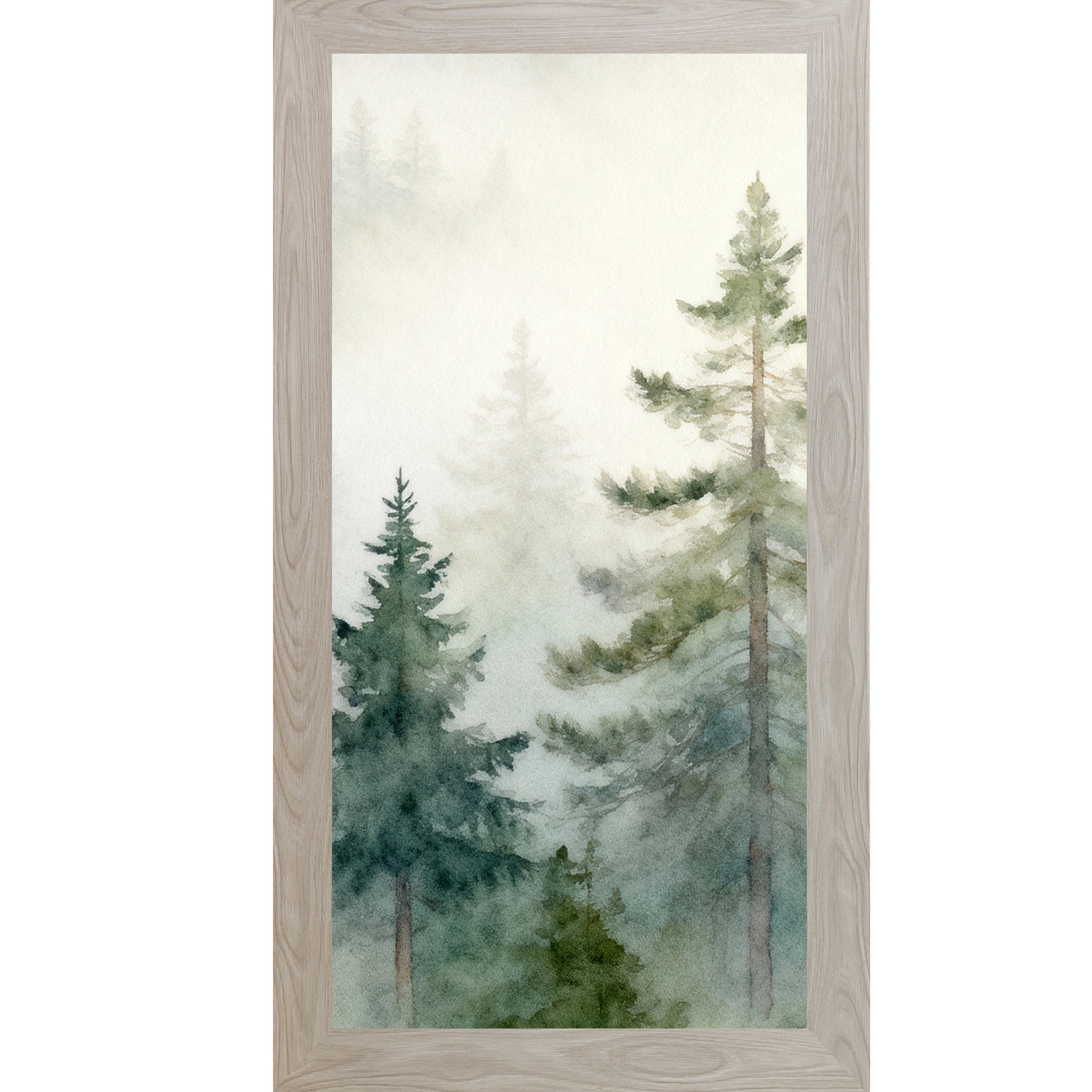 Misty Evergreen Forest – Vertical Watercolor Pine Tree Framed Wall Art | Serene Nature Decor (SB727)