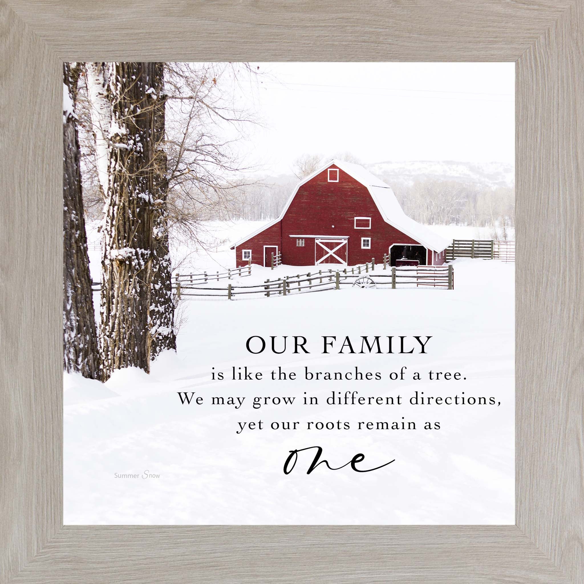 Our Family Wall Art – Winter Farm Family Quote, Rustic Red Barn Home Decor (SA110) - Summer Snow Art