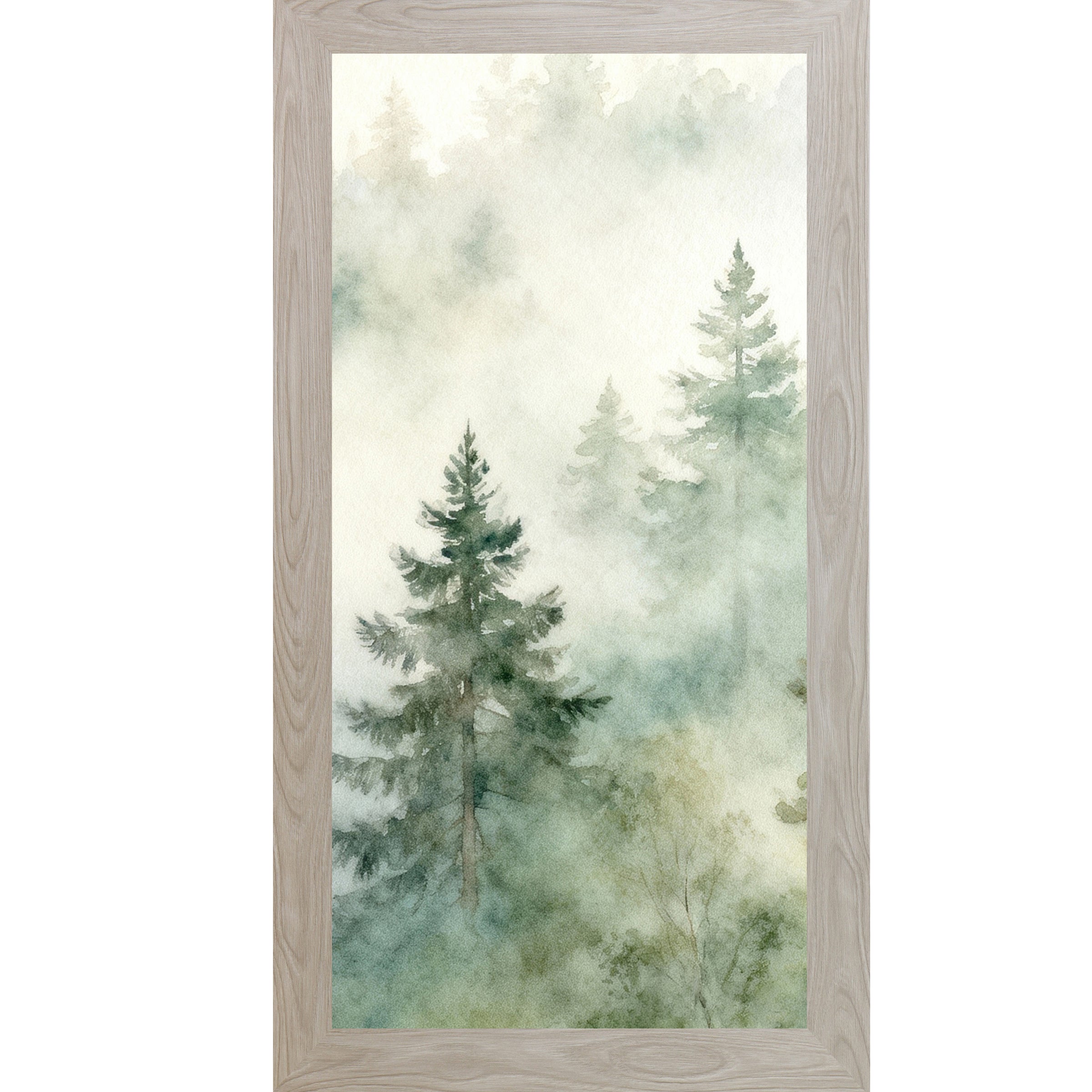 Misty Evergreen Forest – Vertical Watercolor Pine Tree Framed Wall Art | Calm Nature Decor (SB726)
