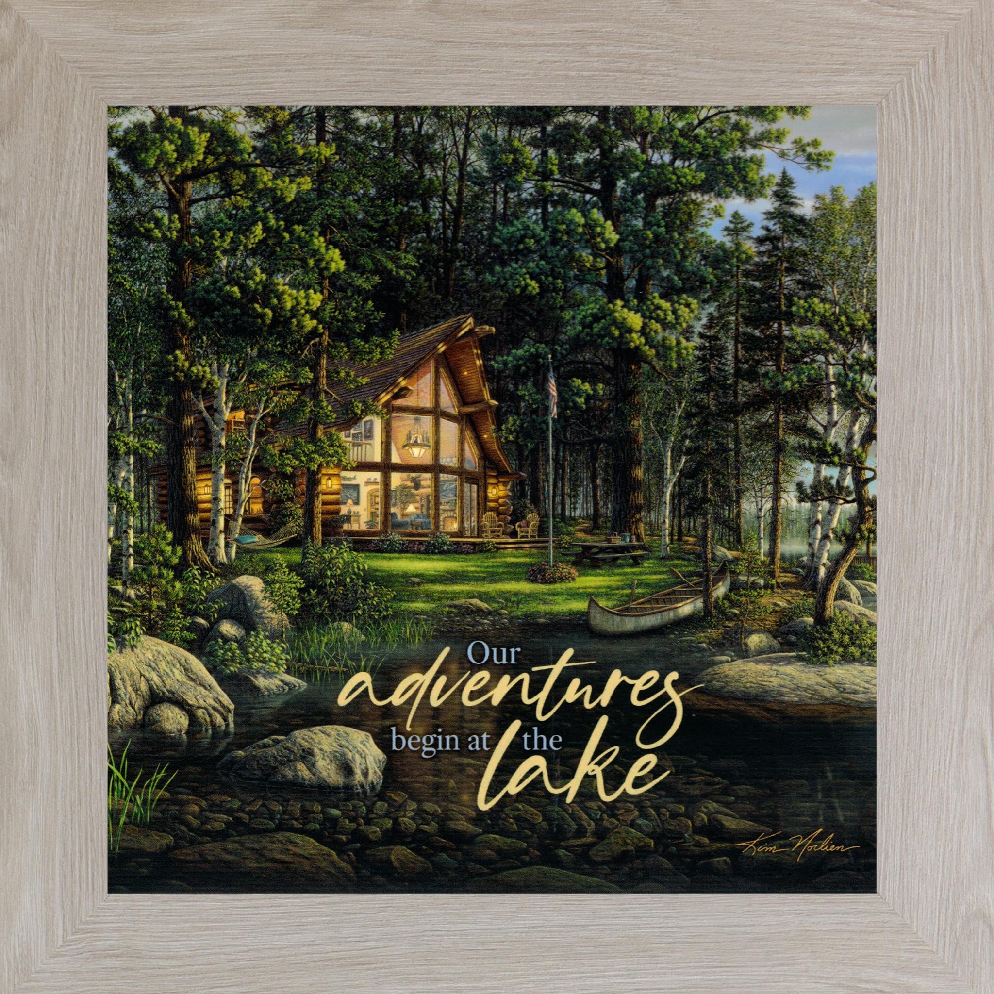 Our Adventures Begin at the Lake – Framed Lake House Wall Art with Cabin Scene (KN47)