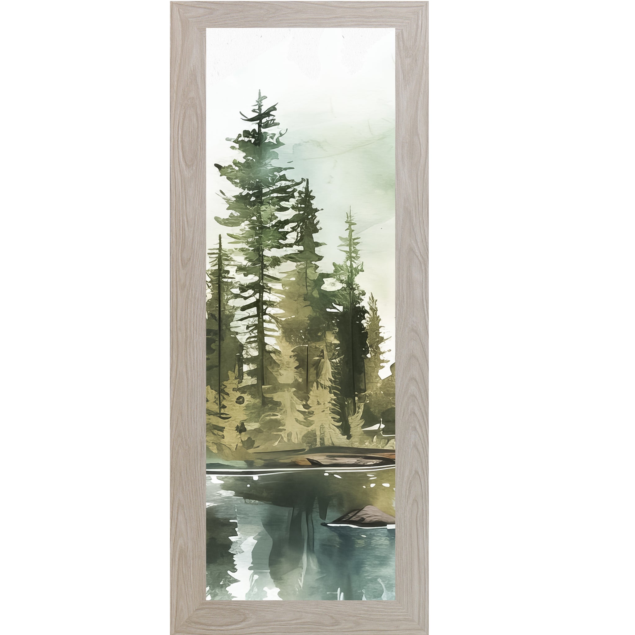 Misty Pine Lake Watercolor Wall Art | Vertical Forest & Lake Framed Art (SB900)