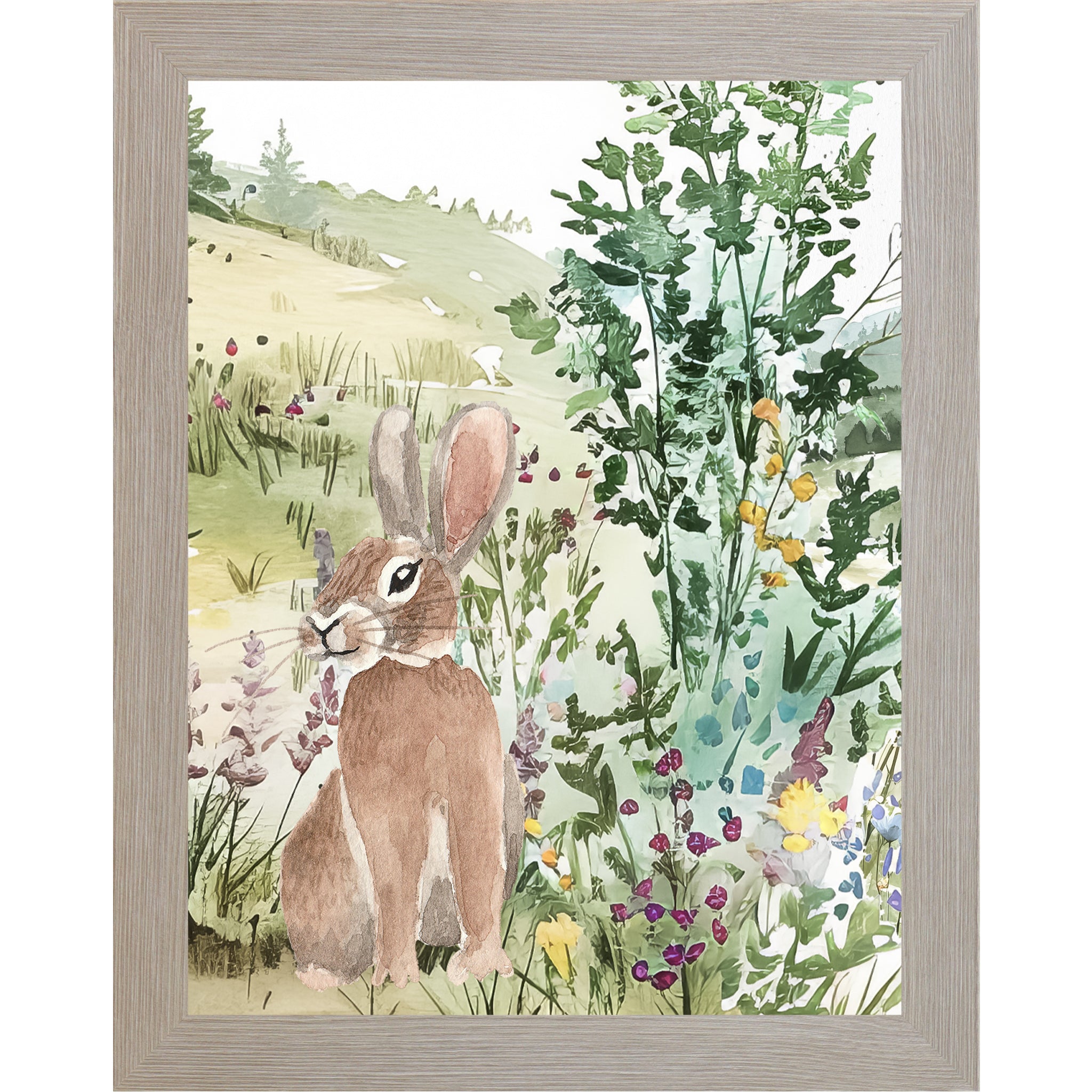 Floral Bunny Meadow Wall Art – Soft Watercolor Spring Decor, Neutral Nature Artwork (SB149)