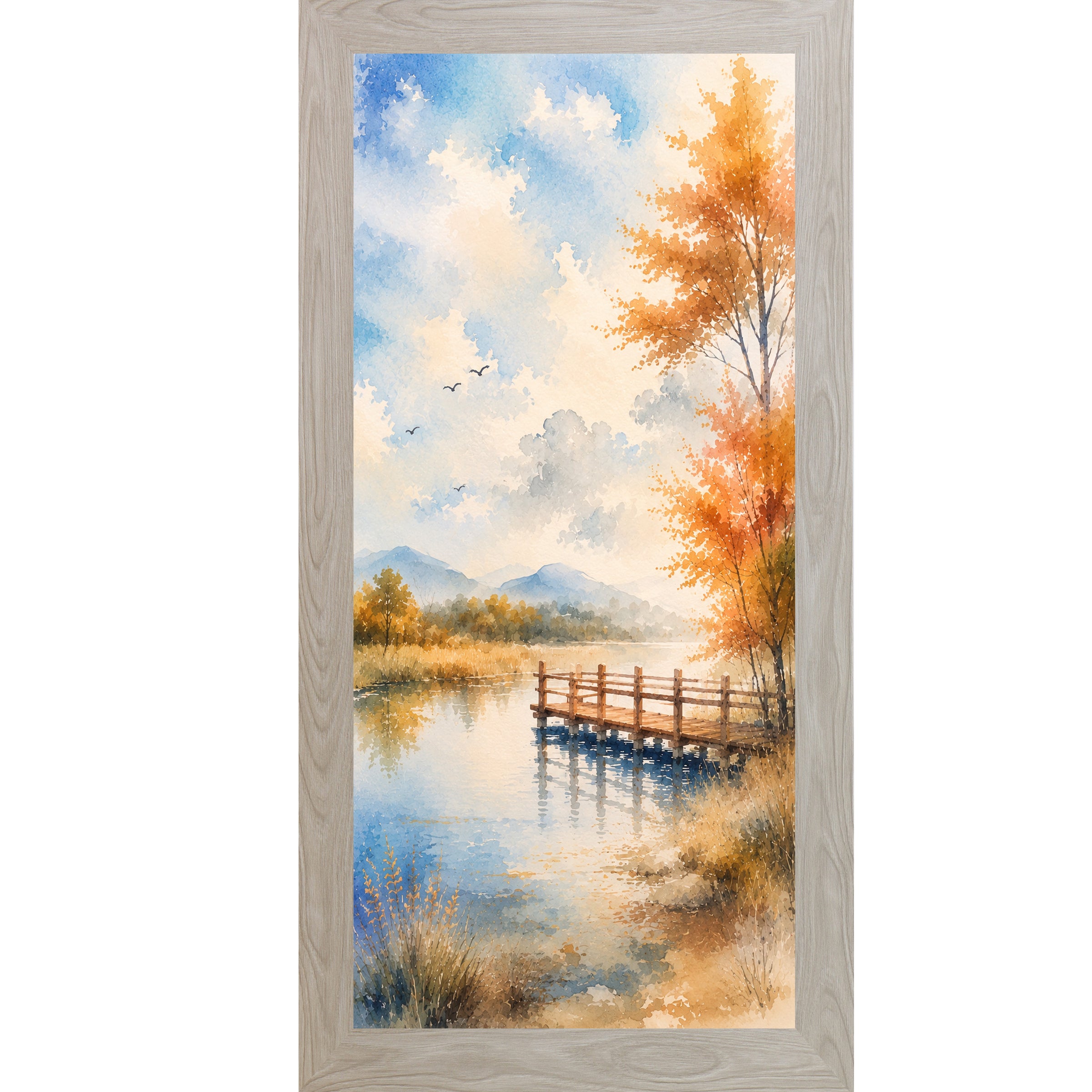 Monte Carlo framed tall portrait scenic wall art featuring a watercolor autumn pier over still lake water with golden autumn tree birds in sky and misty mountains