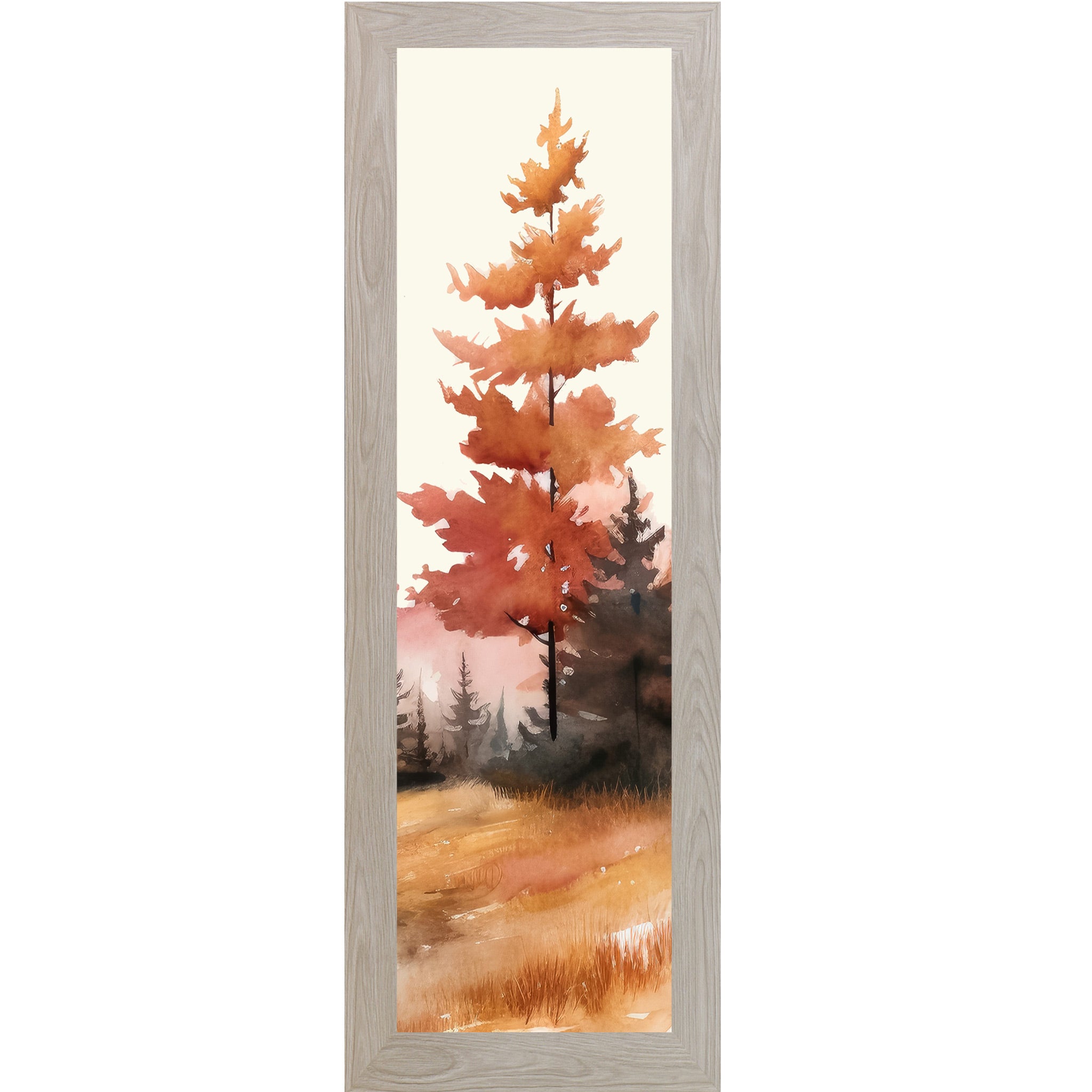 Monte Carlo framed narrow portrait fall wall art featuring a single bold pine tree in deep autumn orange and crimson watercolor style with dark misty forest and golden field
