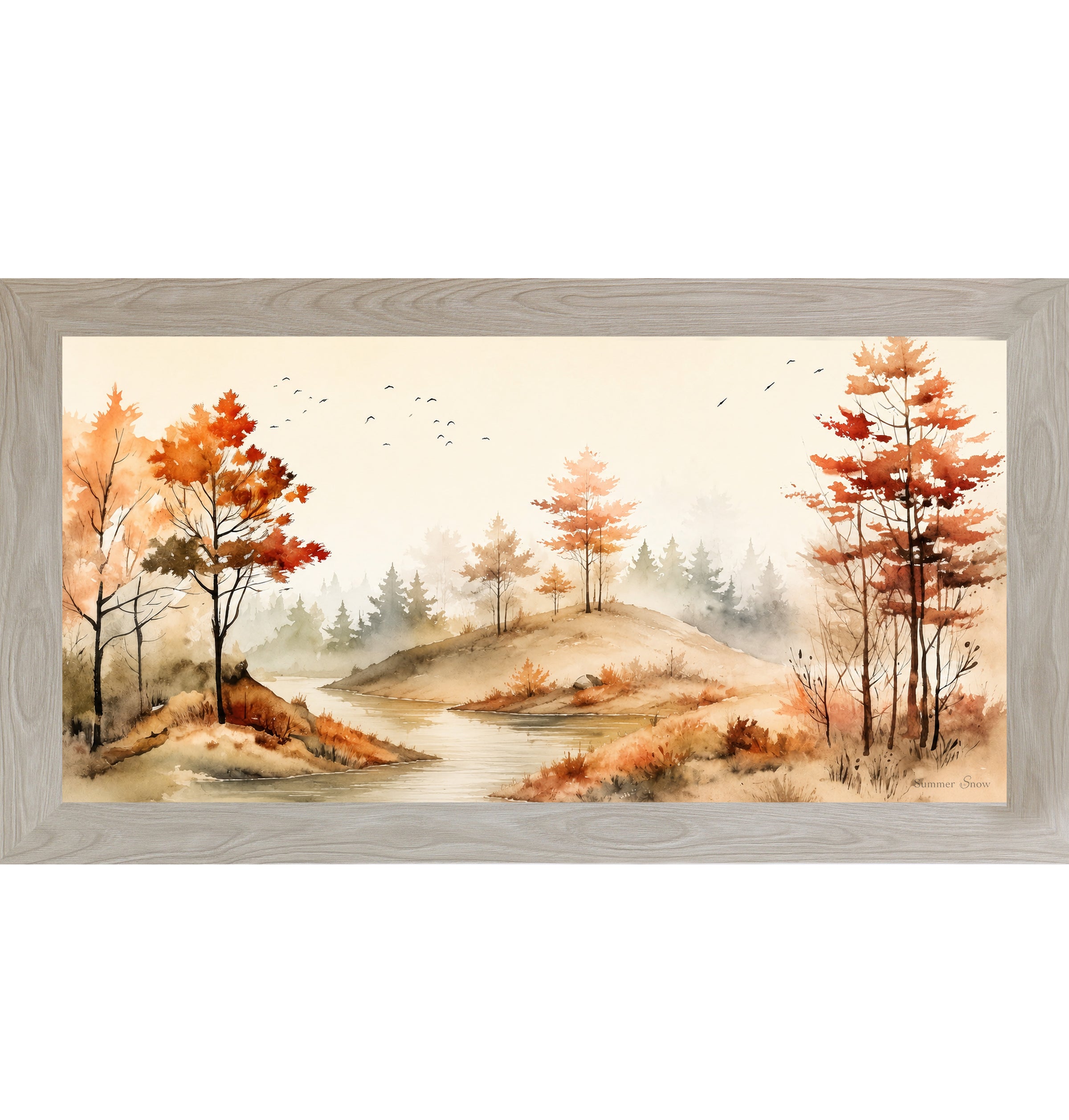 Monte Carlo framed wide landscape fall wall art featuring watercolor autumn river valley with amber and burnt orange trees birds in flight and misty evergreen forest — Autumn River SB764