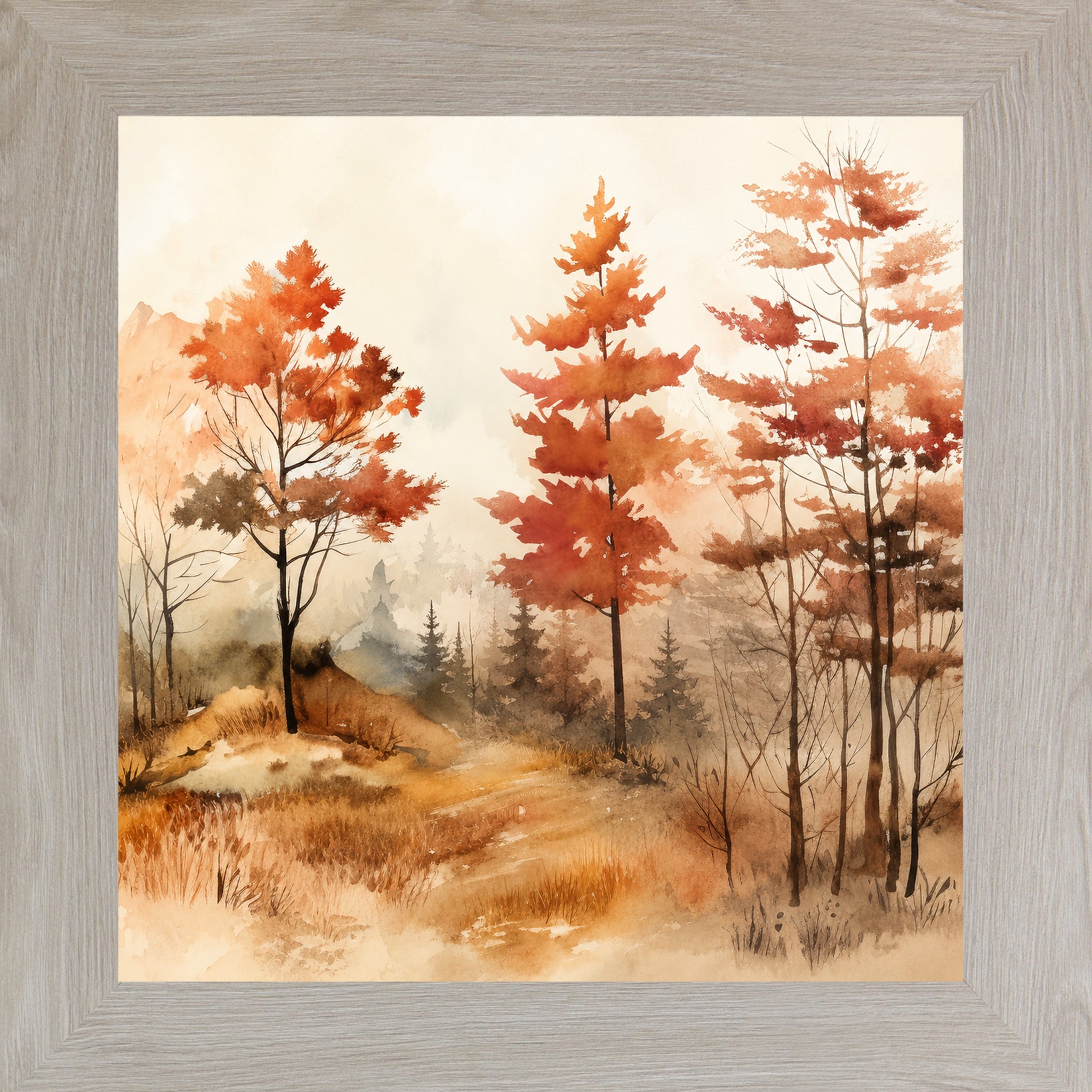 Monte Carlo framed square fall wall art featuring three autumn trees in watercolor landscape with burnt orange foliage misty mountains and golden grasses