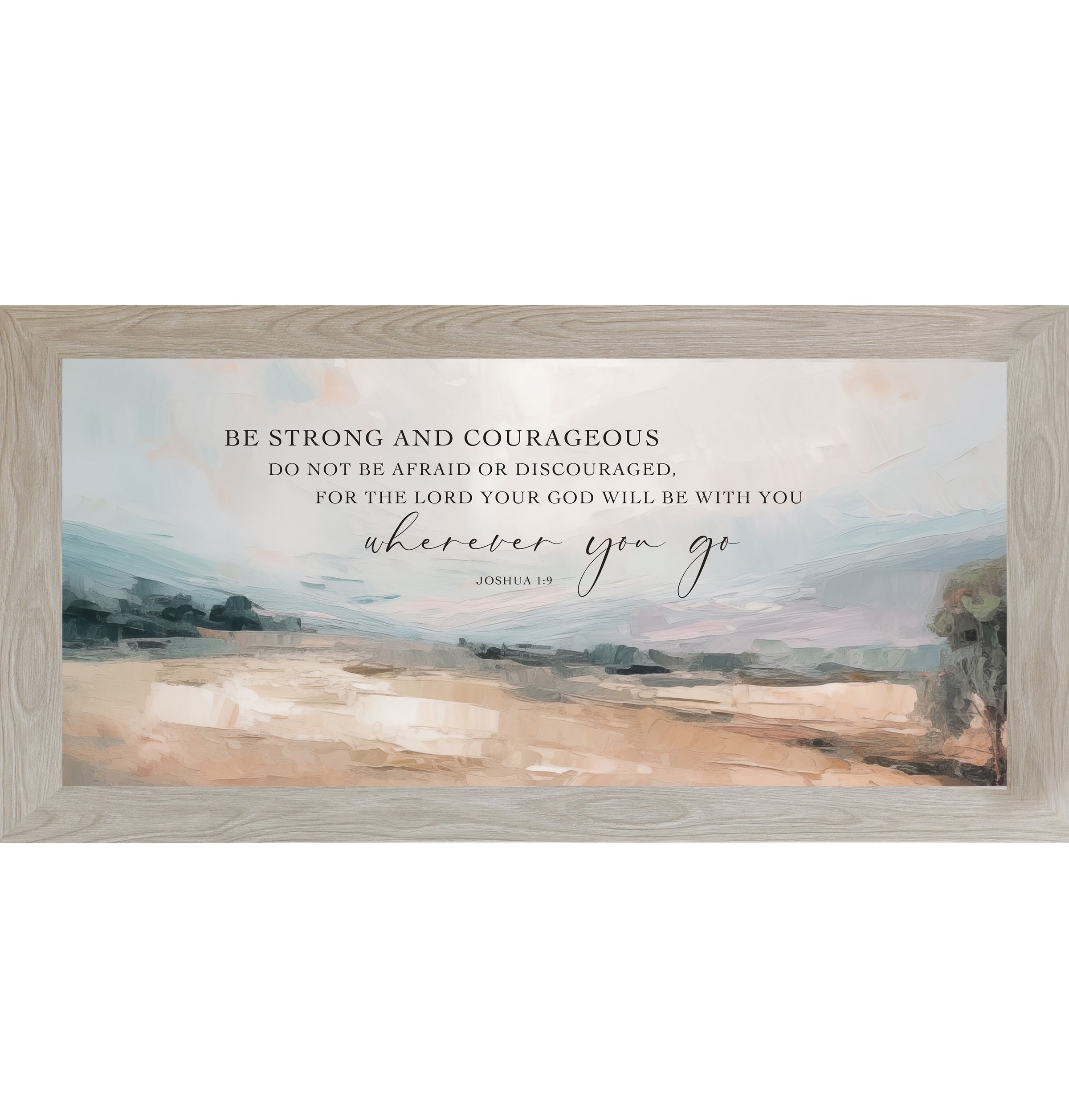 Monte Carlo framed wide landscape Christian wall art with Be Strong and Courageous Joshua 1:9 scripture in elegant script over soft peach blue-grey sky and warm terracotta field with single tree right edge
