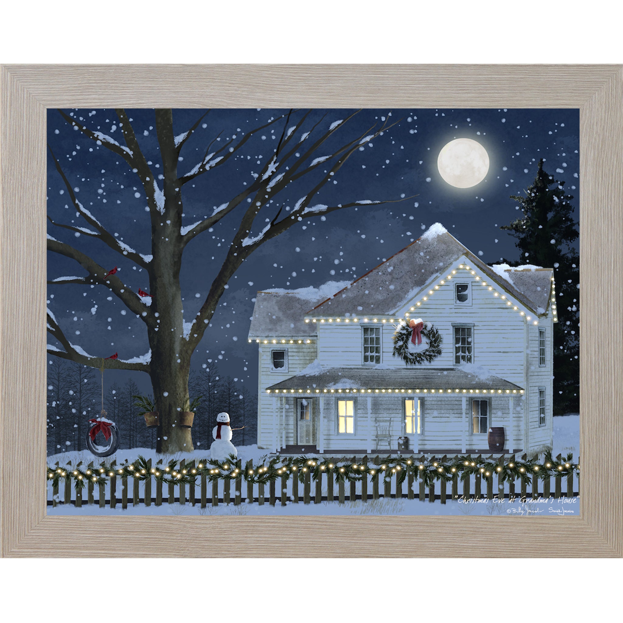 Monte Carlo framed Billy Jacobs Christmas Eve at Grandma's House wall art featuring a glowing white farmhouse with string lights wreath and snowman under a full moon in a midnight blue snowy sky with cardinals in a bare tree