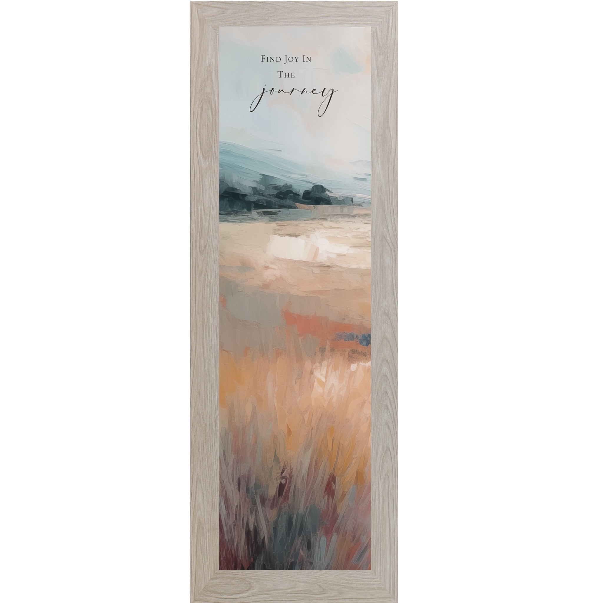 Monte Carlo framed narrow portrait inspirational wall art with Find Joy In The Journey quote over a terracotta abstract landscape with soft blue-grey sky and warm amber field with burgundy foreground grasses