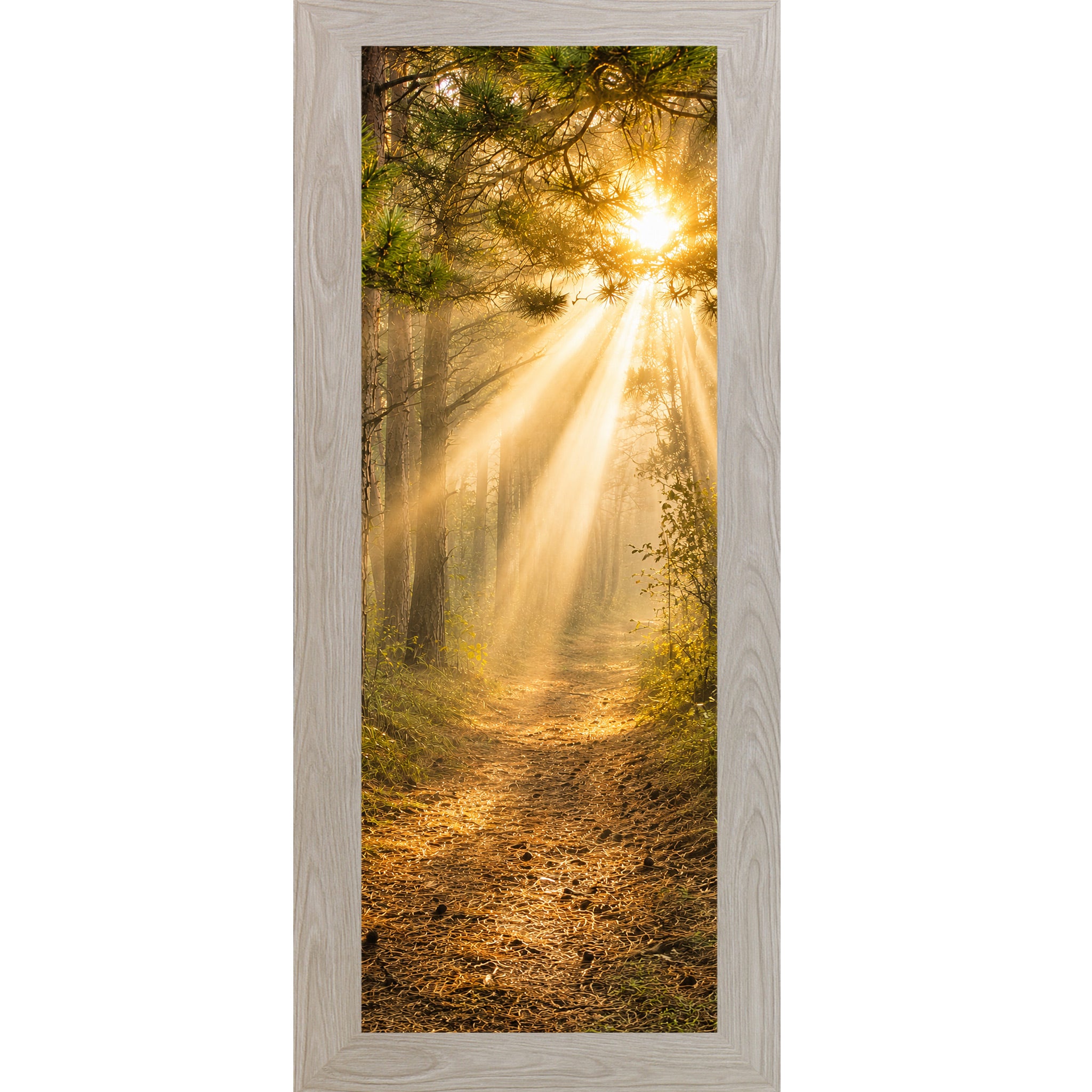 Monte Carlo framed narrow portrait nature wall art featuring a divine forest path with golden sunlight rays streaming through pine tree canopy toward a glowing sun in warm sacred morning light