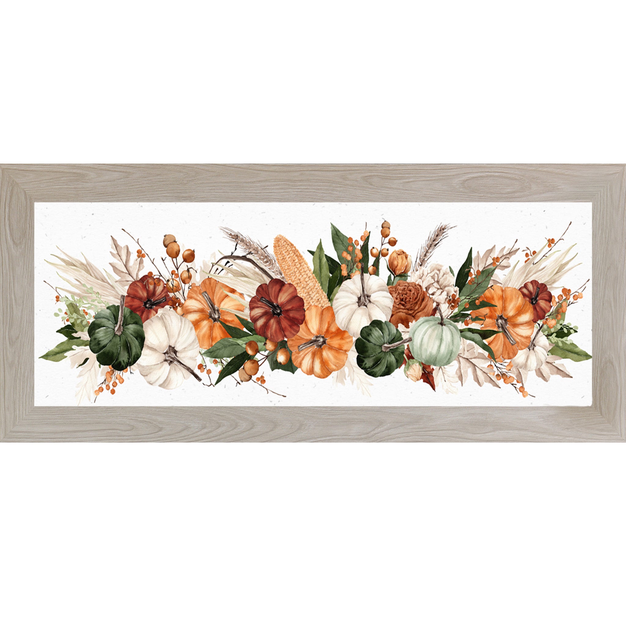Monte Carlo framed wide landscape harvest wall art featuring panoramic watercolor autumn pumpkins corn wheat berries and dried florals — Harvest Wide Landscape SB949