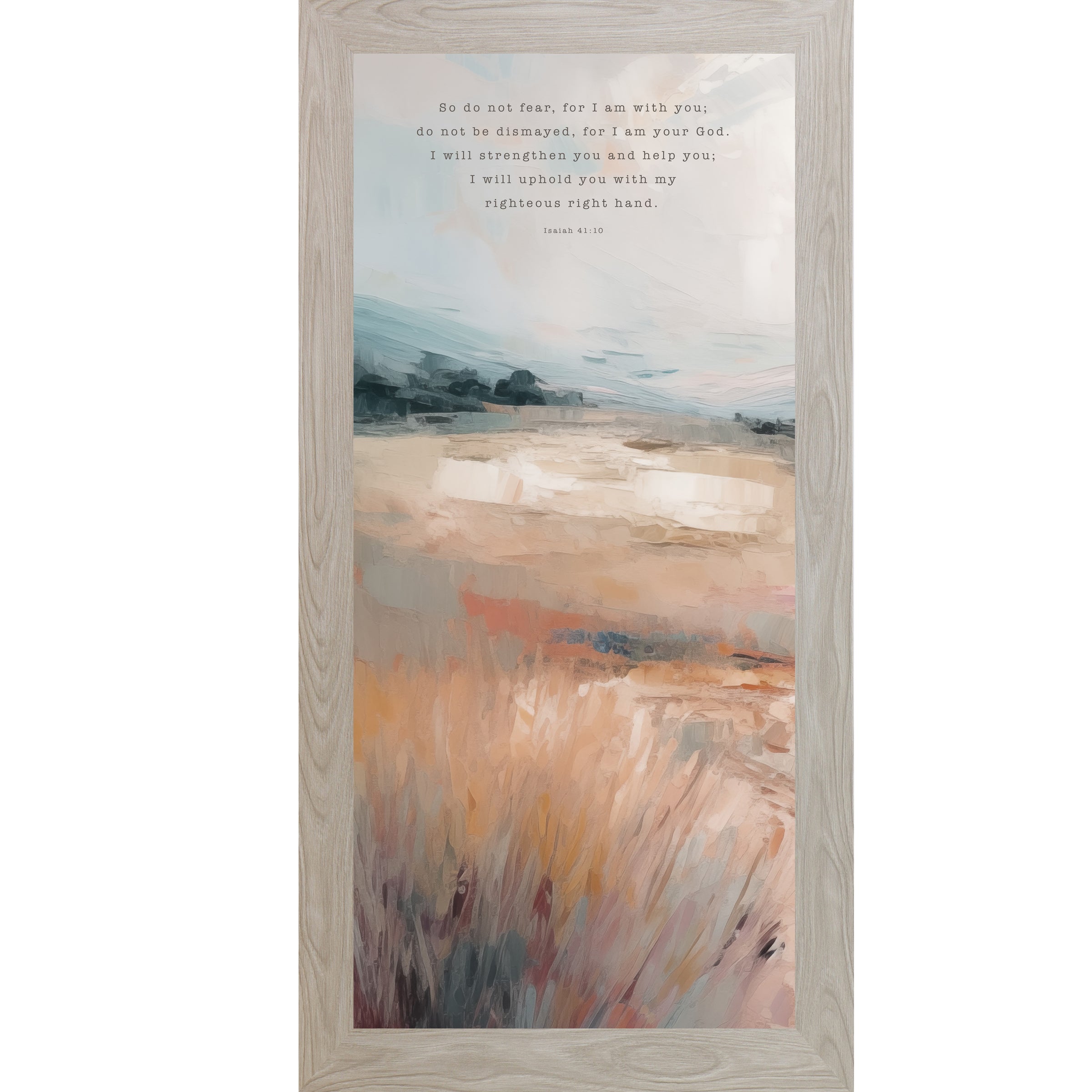 Monte Carlo framed tall portrait Christian wall art with Isaiah 41:10 do not fear for I am with you scripture in typewriter typography over warm orange terracotta painterly landscape with soft blue-grey sky and bold abstract brushwork