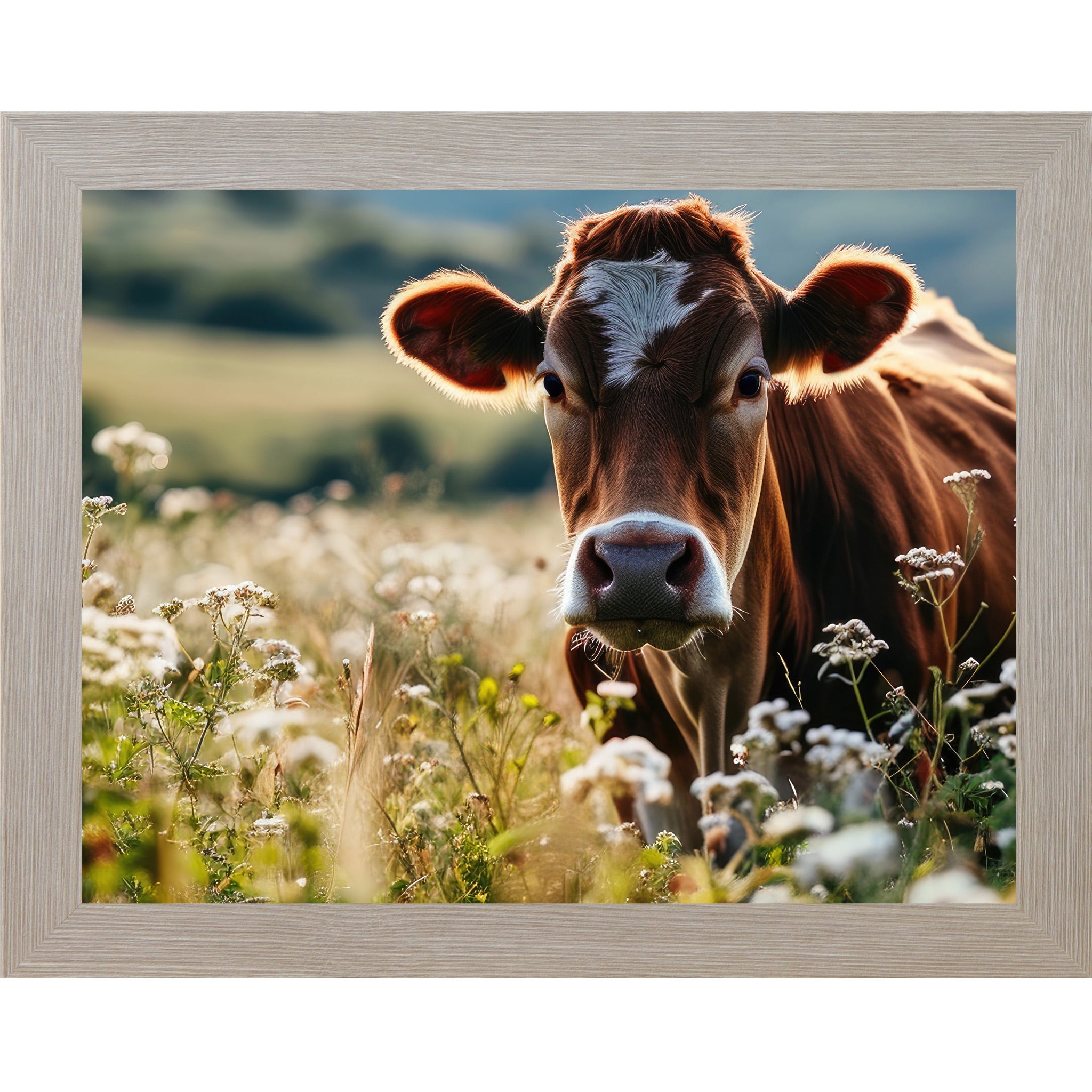 Monte Carlo framed horizontal farmhouse wall art featuring a close-up Jersey cow surrounded by white wildflowers in a sunny meadow with rolling green hills