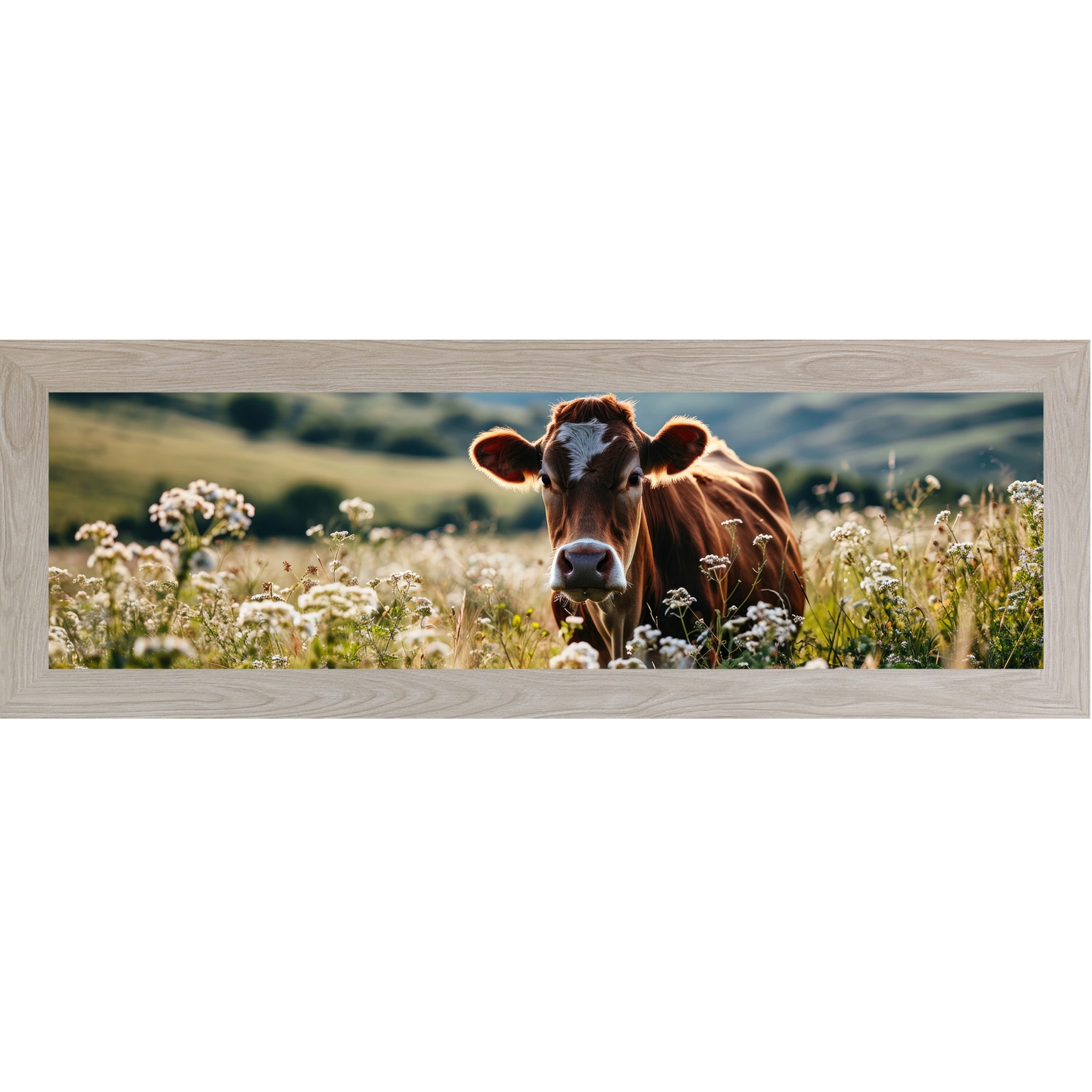 Monte Carlo framed wide panoramic farmhouse wall art featuring a Jersey cow surrounded by white wildflowers in a sunny meadow with rolling green hills in the background