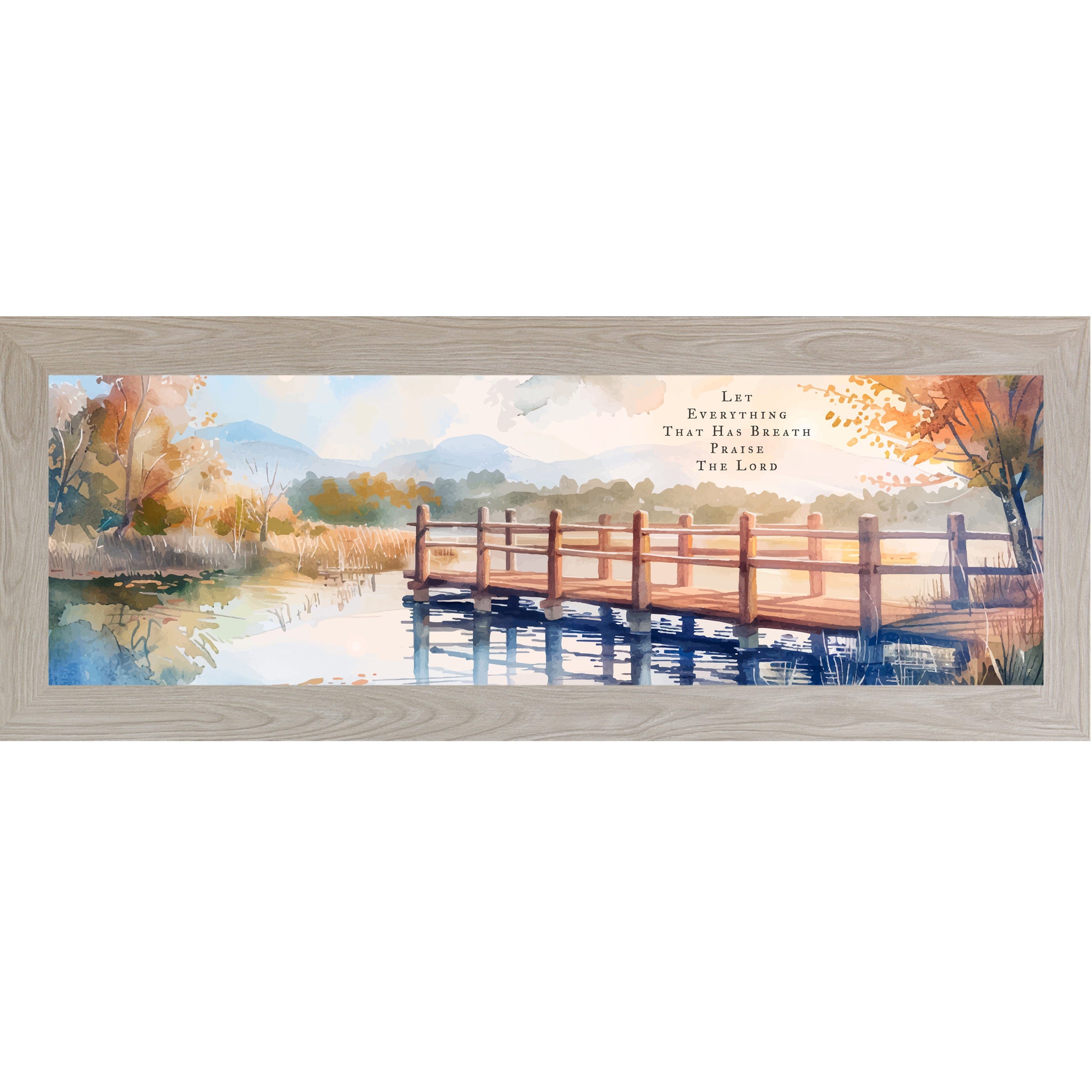 Monte Carlo framed wide panoramic Christian wall art featuring a watercolor autumn bridge over still lake water with the scripture Let Everything That Has Breath Praise The Lord Psalm 150:6