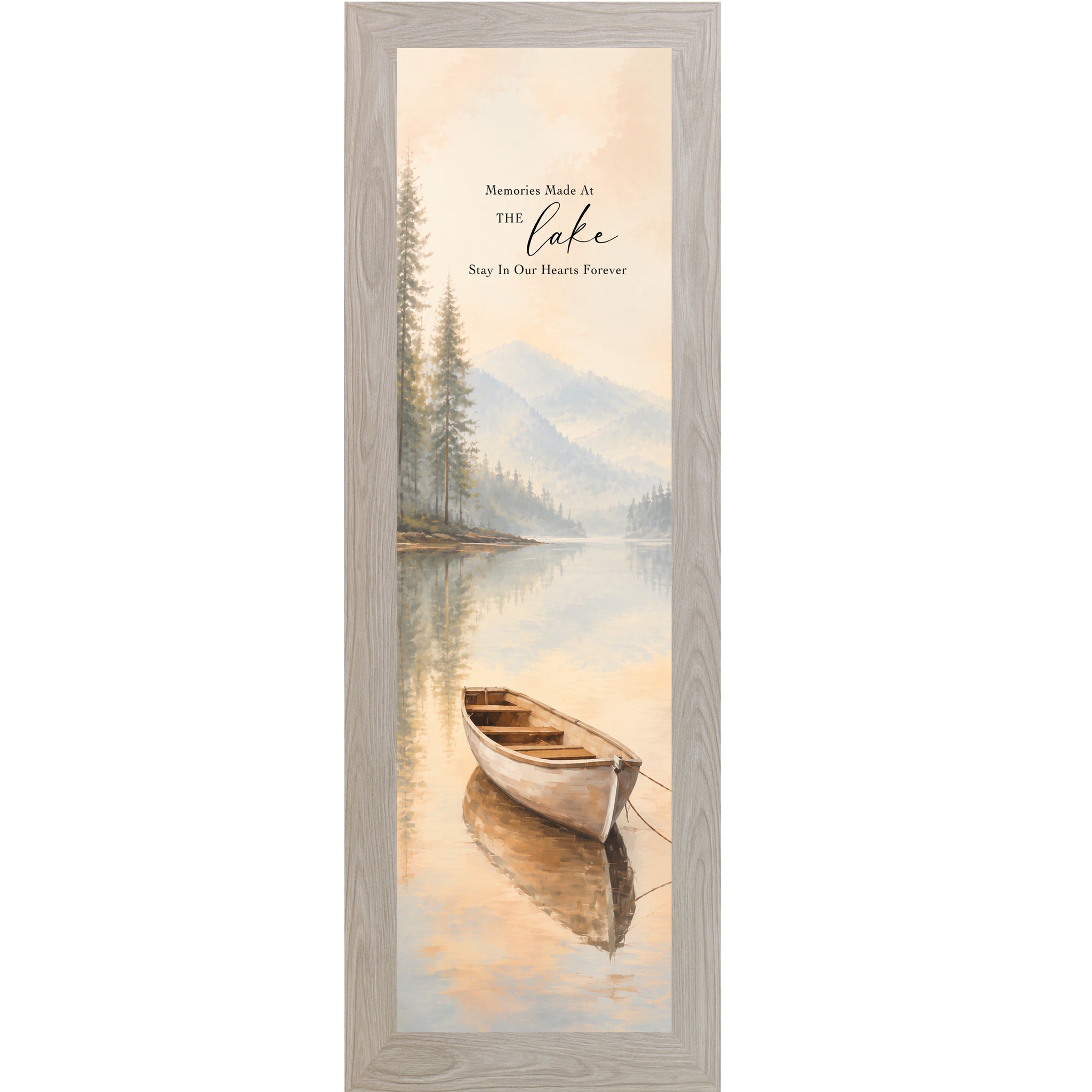 Monte Carlo framed narrow portrait lake house wall art featuring a watercolor rowboat on misty reflective water with pine trees and mountain backdrop with the words Memories Made At The Lake Stay In Our Hearts Forever