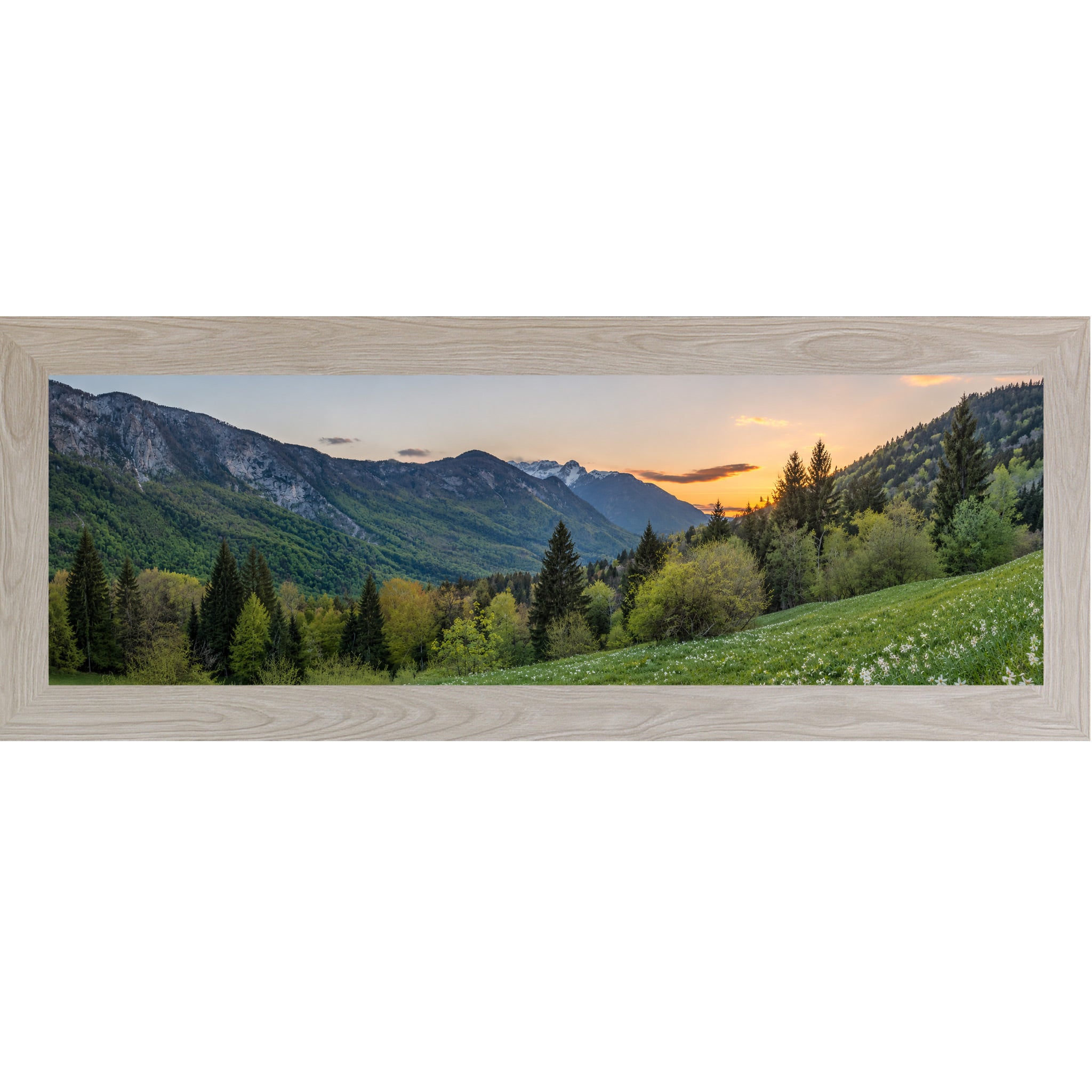 Monte Carlo framed wide panoramic nature wall art featuring a mountain valley at sunset with snow-capped peaks evergreen forest and white wildflower meadow in the foreground