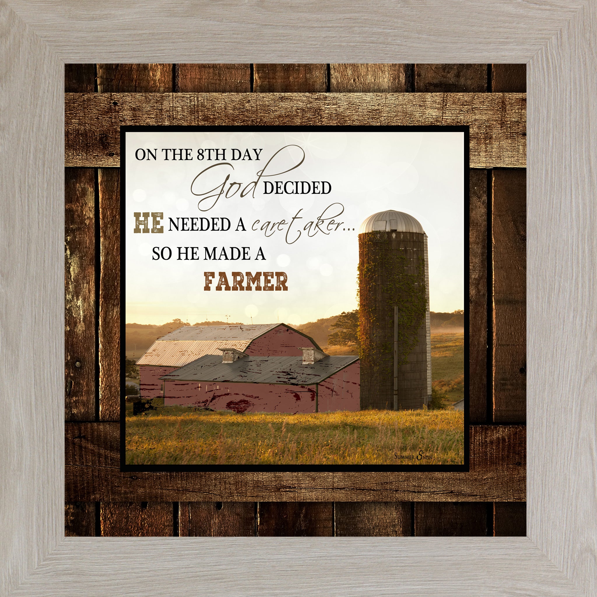 Monte Carlo framed square farmhouse wall art with On The 8th Day God Made A Farmer quote over red barn and ivy silo at golden sunrise on rustic barn wood background