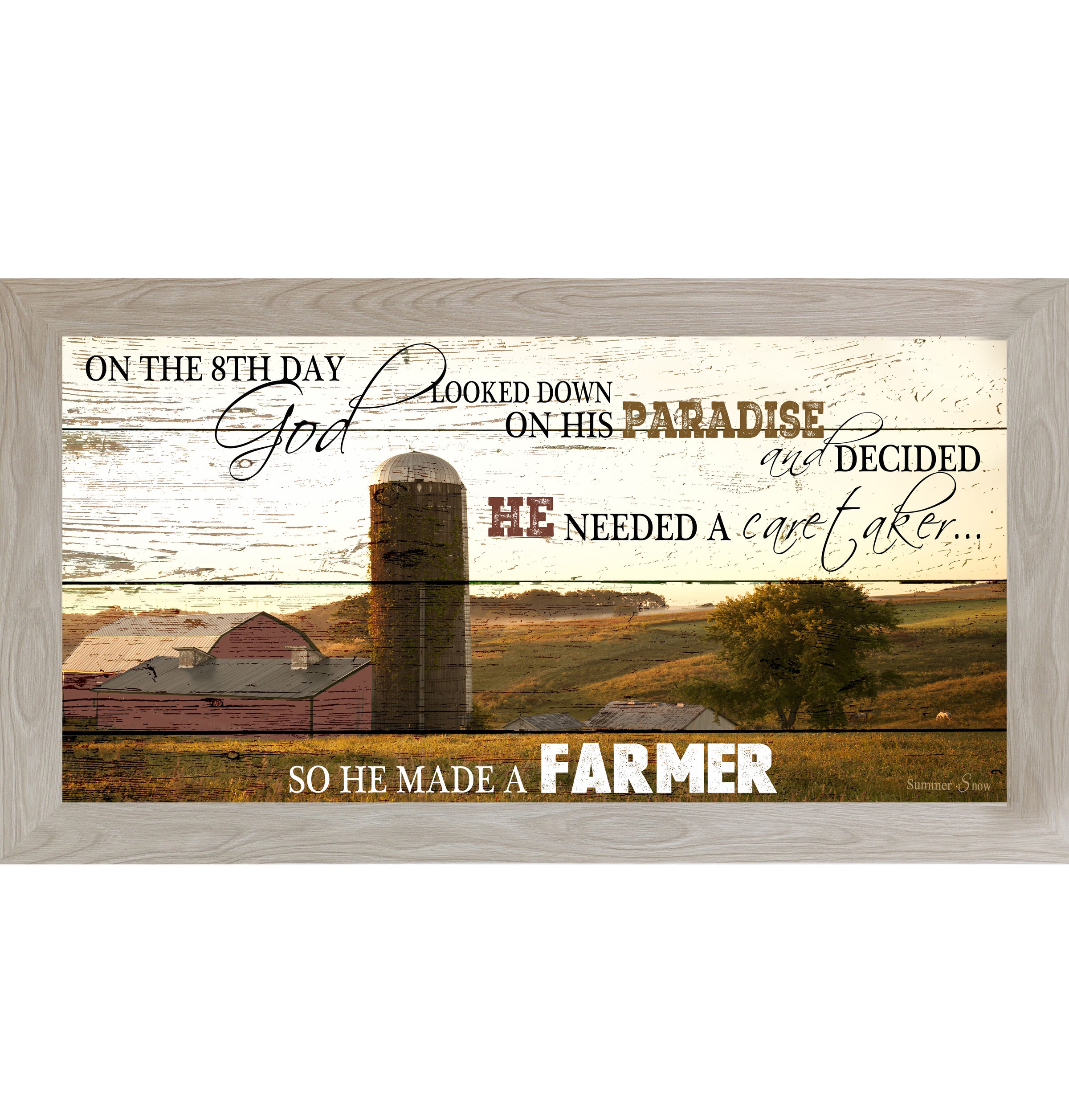 Monte Carlo framed wide panoramic farmhouse wall art featuring a red barn and silo on pallet wood background with the full quote On The 8th Day God Looked Down On His Paradise And Decided He Needed A Caretaker So He Made A Farmer