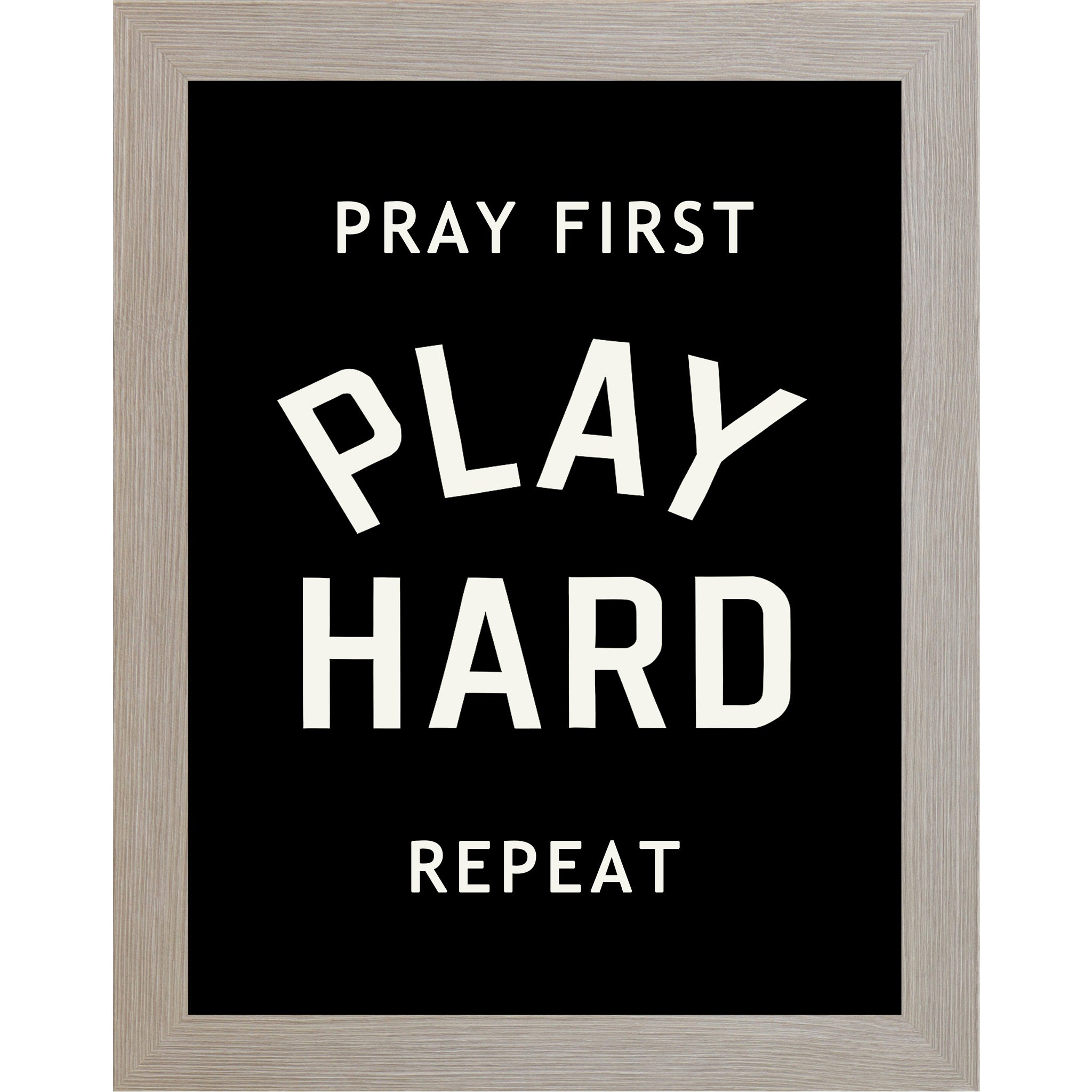 Monte Carlo framed vertical Christian wall art featuring Pray First Play Hard Repeat in bold cream athletic varsity typography on a pure black background